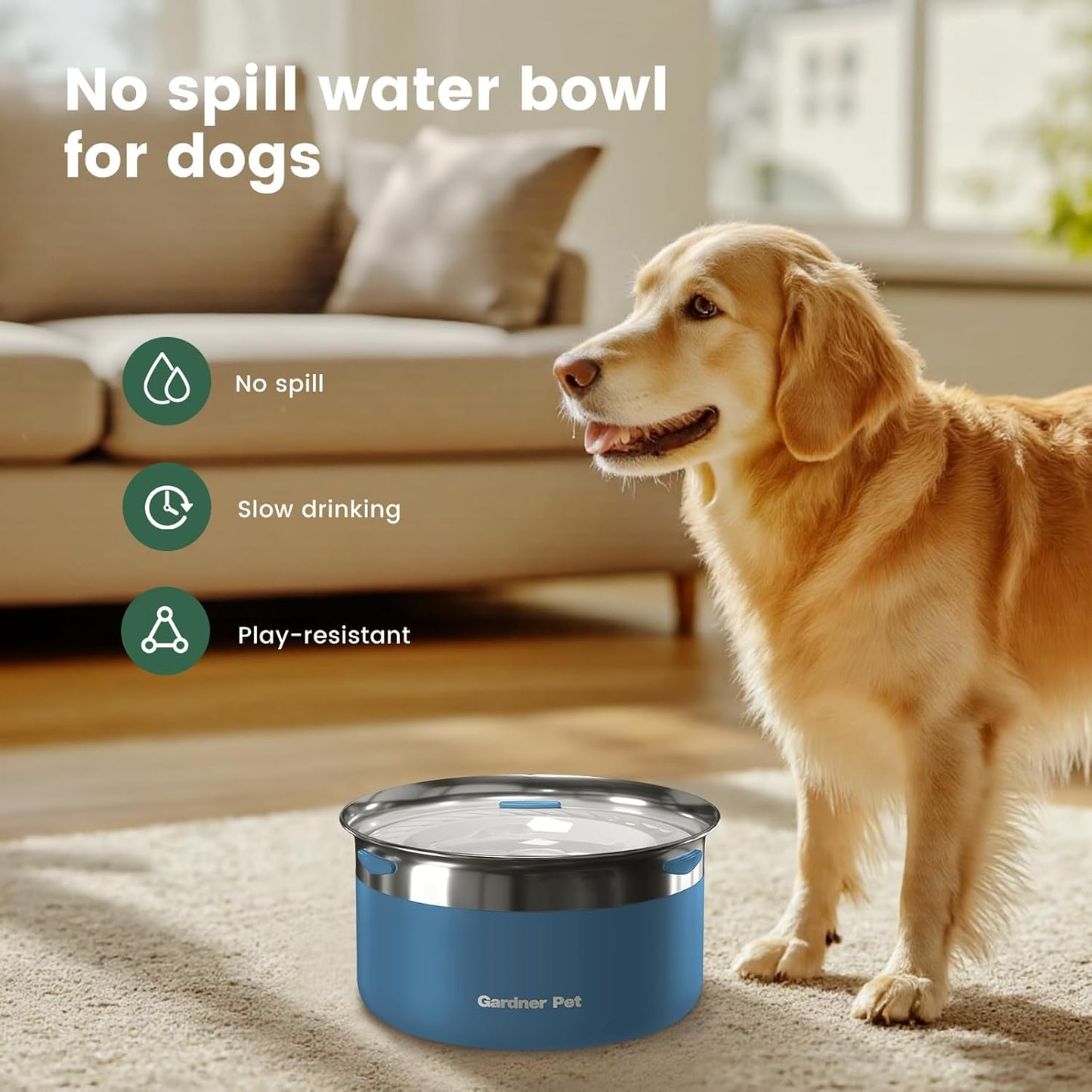 Gardner Pet Dog Bowls 1 Gallon (3.85L) Stainless Steel No Spill Dog Water Bowl, Slow Water Feeder Metal Bowls, Spill Proof Water Dispenser for Large Dogs, Promotes Healthy Hydration