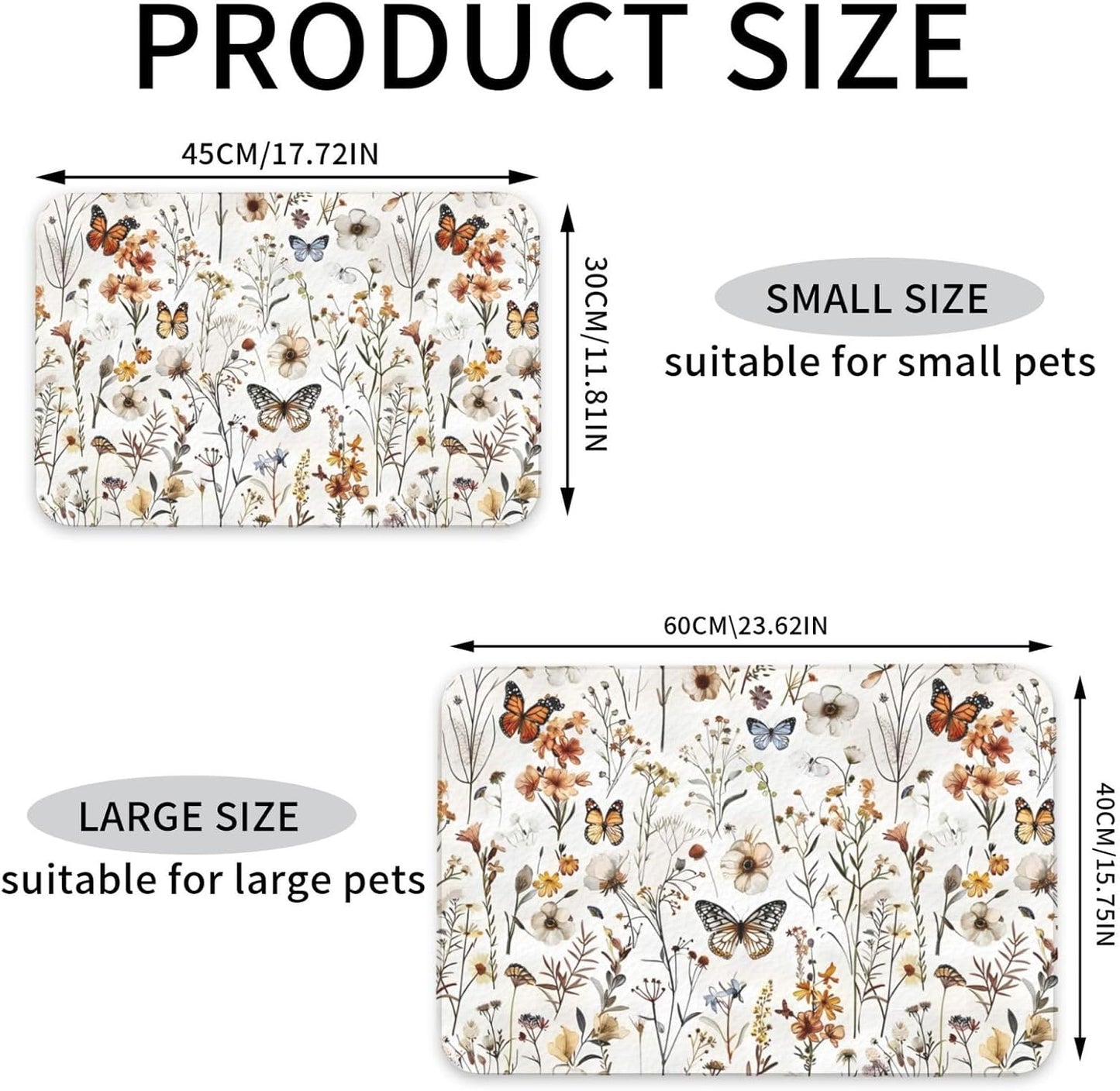 Wildflower Butterfly Dog Food Mat Absorbent Bowl Mats No Stains Quick Dry Waterproof Pet Cat Placemats for Food and Water, 30x45cm