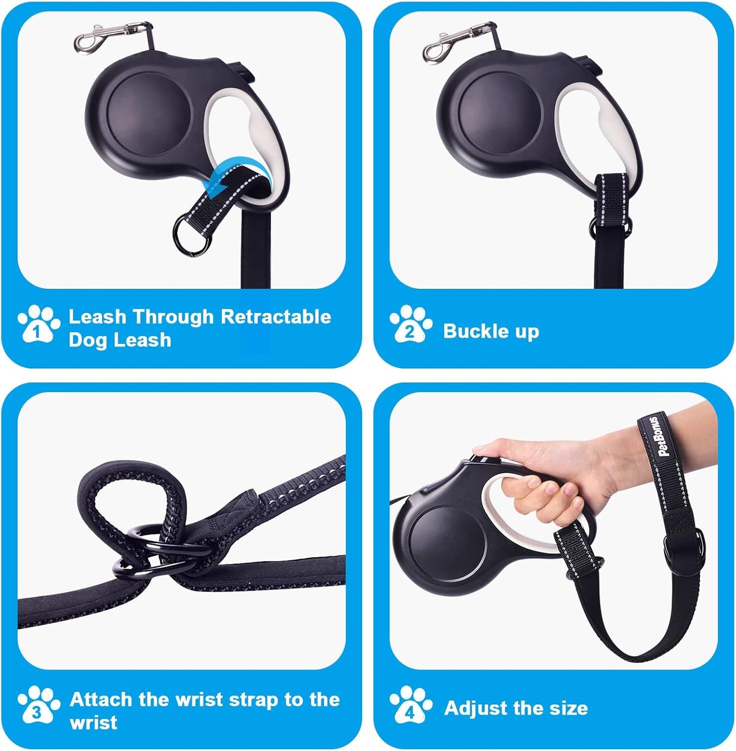 PetBonus 2 Packs Short Dog Leash, Safety Wrist Strap for Retractable Dog Leash, Reflective Design and Adjustable Soft Padded Handle, Extra Layer Security for Pet Stroller (Black, Black)