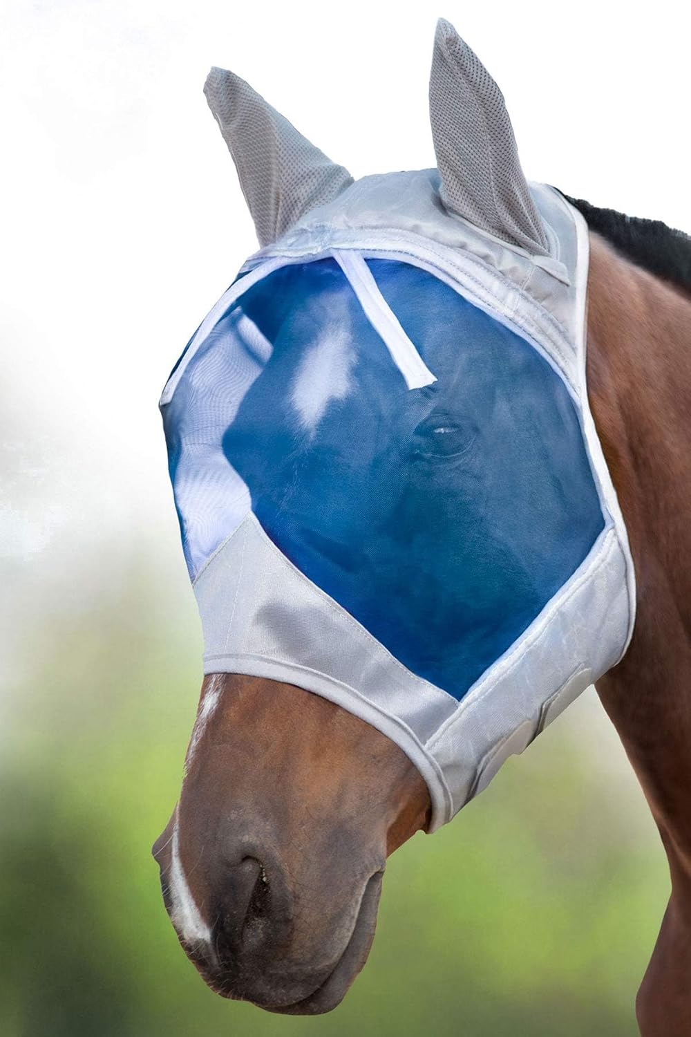 Harrison Howard CareMaster Horse Fly Mask Half Face with Ears Silver/Blue Retro XL Extra Full Size