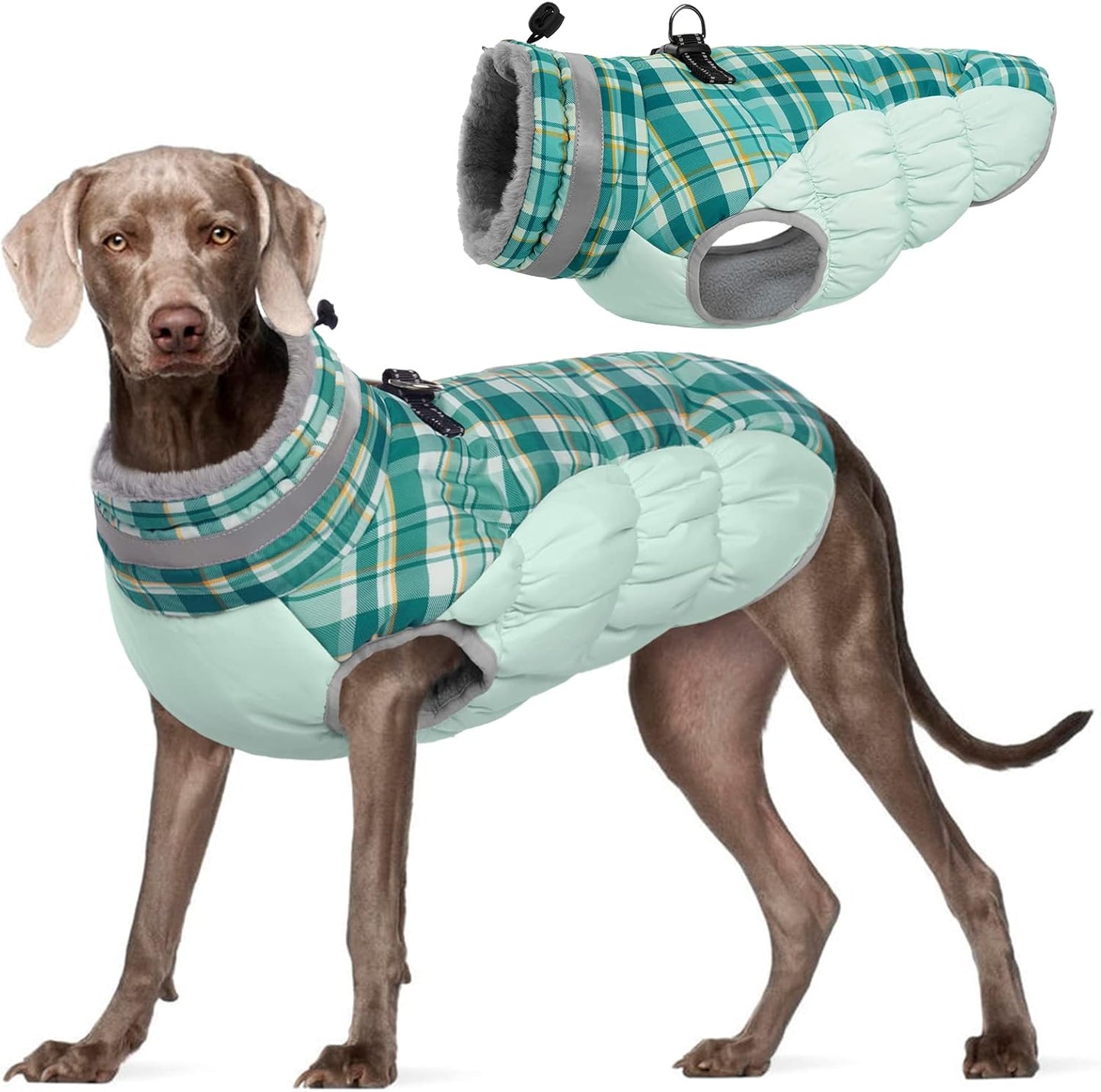 FUAMEY Dog Coat for Large Dogs,Waterproof Dog Winter Jacket with Harness Built in Puppy Cold Weather Coats Reflective Pet Vest with Zipper Warm Fleece Dogs Snowsuit Windproof Green Plaid XXXL