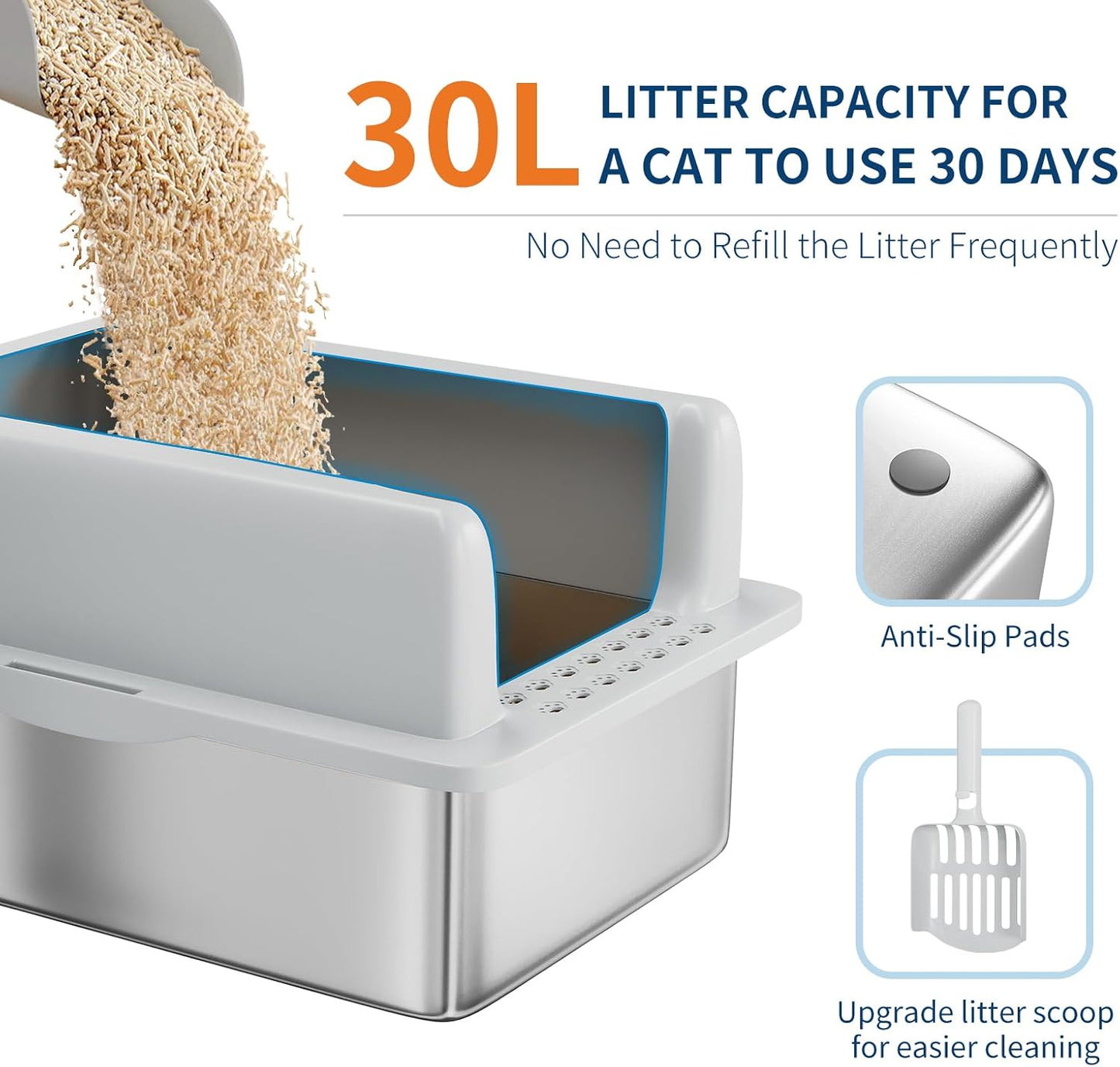 Stainless Steel Cat Litter Box 6 inch, XXL Large Cat Litter Tray with High Side, Platform Step and Scoop for Big Cats Multiple Cats, Easy Clean