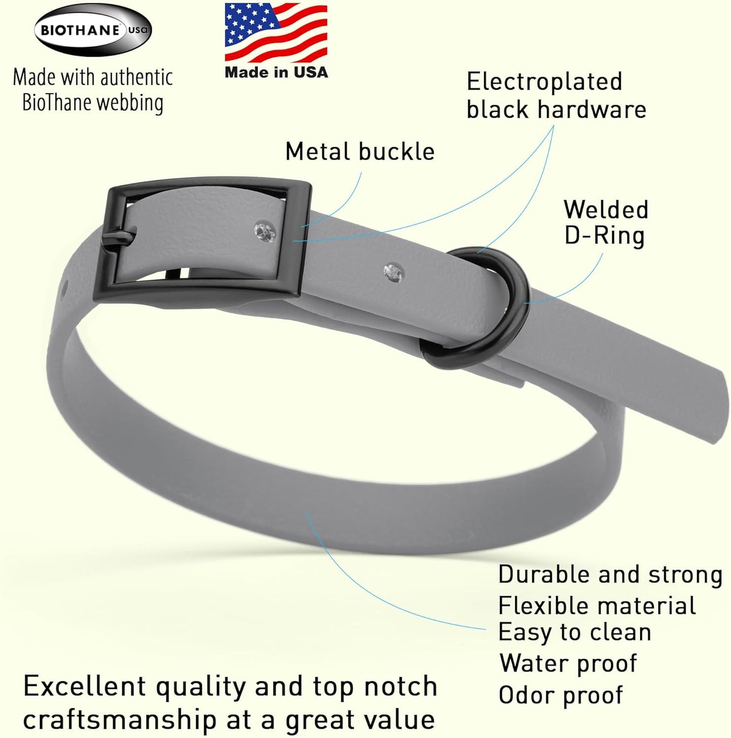 Dogline Biothane Waterproof Dog Collar Strong Coated Nylon Webbing with Black Hardware Odor- Proof for Easy Care Easy to Clean High Performance Fits Small Medium or Large Dogs, Battleship Gray