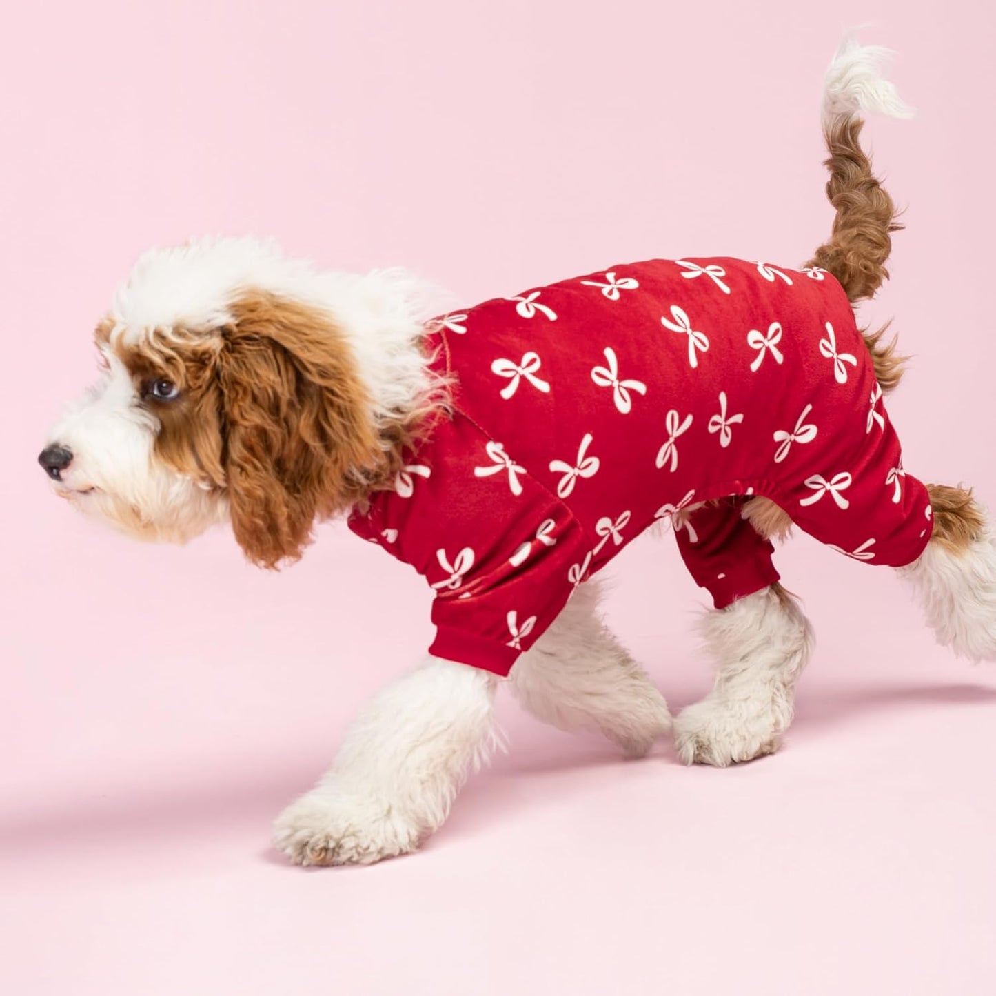 Fitwarm Bowknot Dog Pajamas, Warm Clothes for Small Dogs Girl, Fleece Pet Onesie with Feet, Burgundy Red, White, Medium
