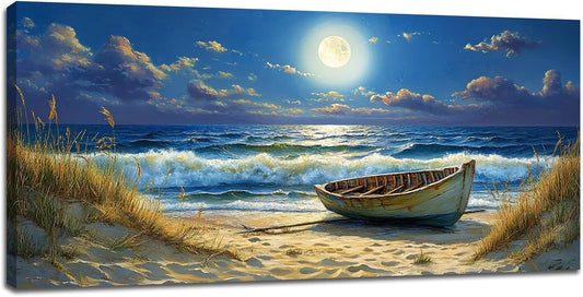 Quorin Beach Boat Large Wall Art Coastal Seaside Moonlight Pictures Nautical Wall Decor Seascape Canvas Print Painting Artwork for Bathroom Living Room Bedroom 30"x60"
