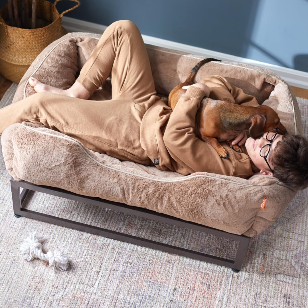 FUZI Luxury Aesthetic Dog Bed with Extra Cover for Medium Dogs, Washable Pet Couch, Pet Bed with Sides, Non-Slip Bottom, Soft & Durable Calming Bed, Faux Rabbit Fur, Medium 31.75x23.6x9.5 Light Brown