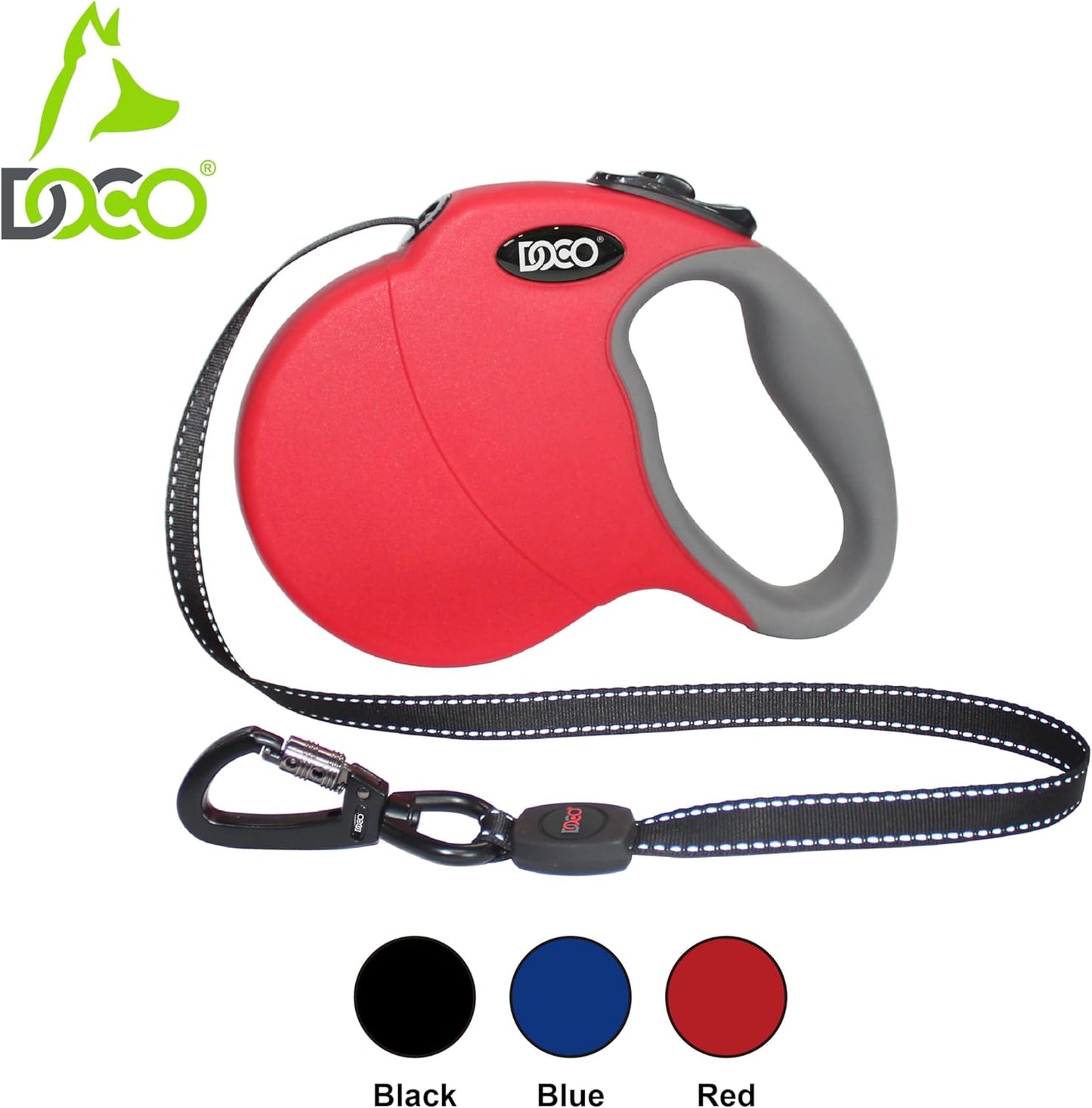 DOCO Retractable Dog Leash for Large Dogs (Length - 13ft, Weight - Upto 22lb) Reflective Tape Lead with Stop and Lock Control, Tangle Free 360° Swivel Snap & Anti-Slip Grip (Red, Small)