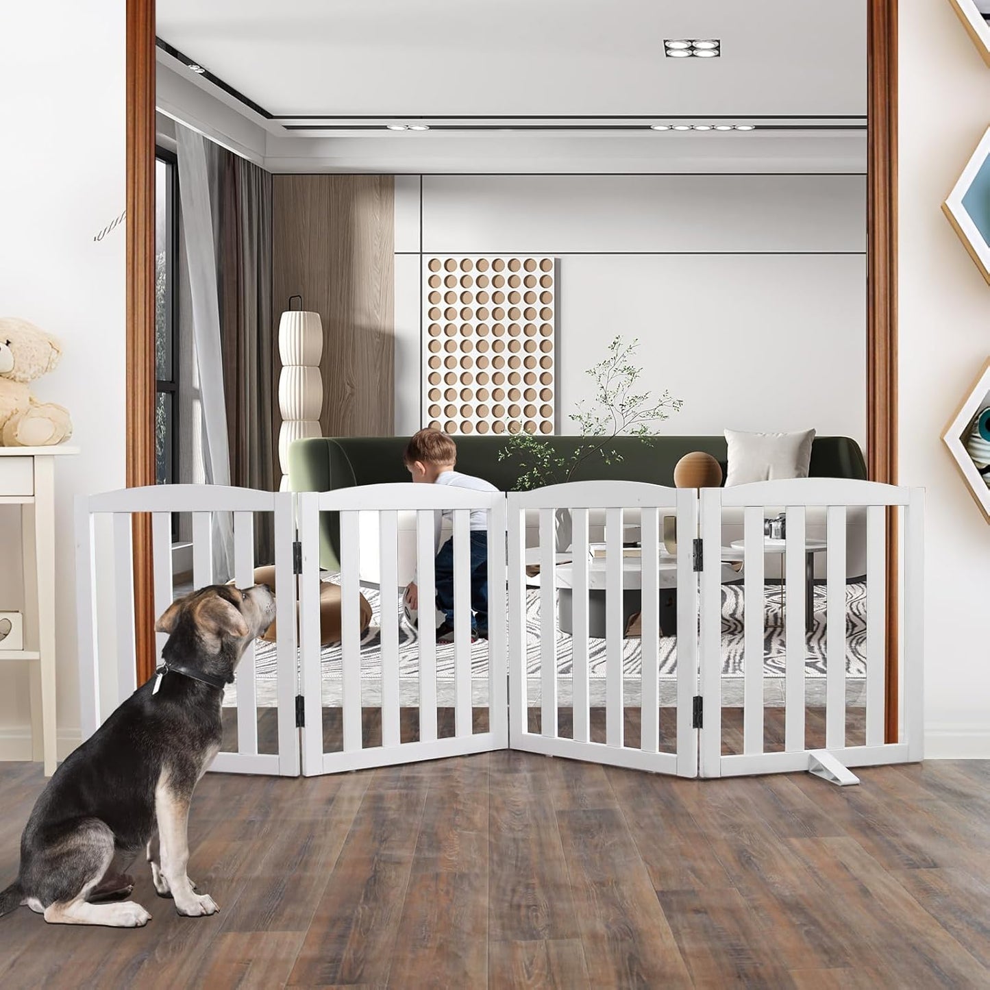 ZJSF Foldable Freestanding Indoor Dog Gate for House Wood White Long Pet Gates Dog Fence for Stairs Puppy Gates for Hallways,Pet Fence, Puppy Gate,Support Feet Included 24 "Height-4 Panels