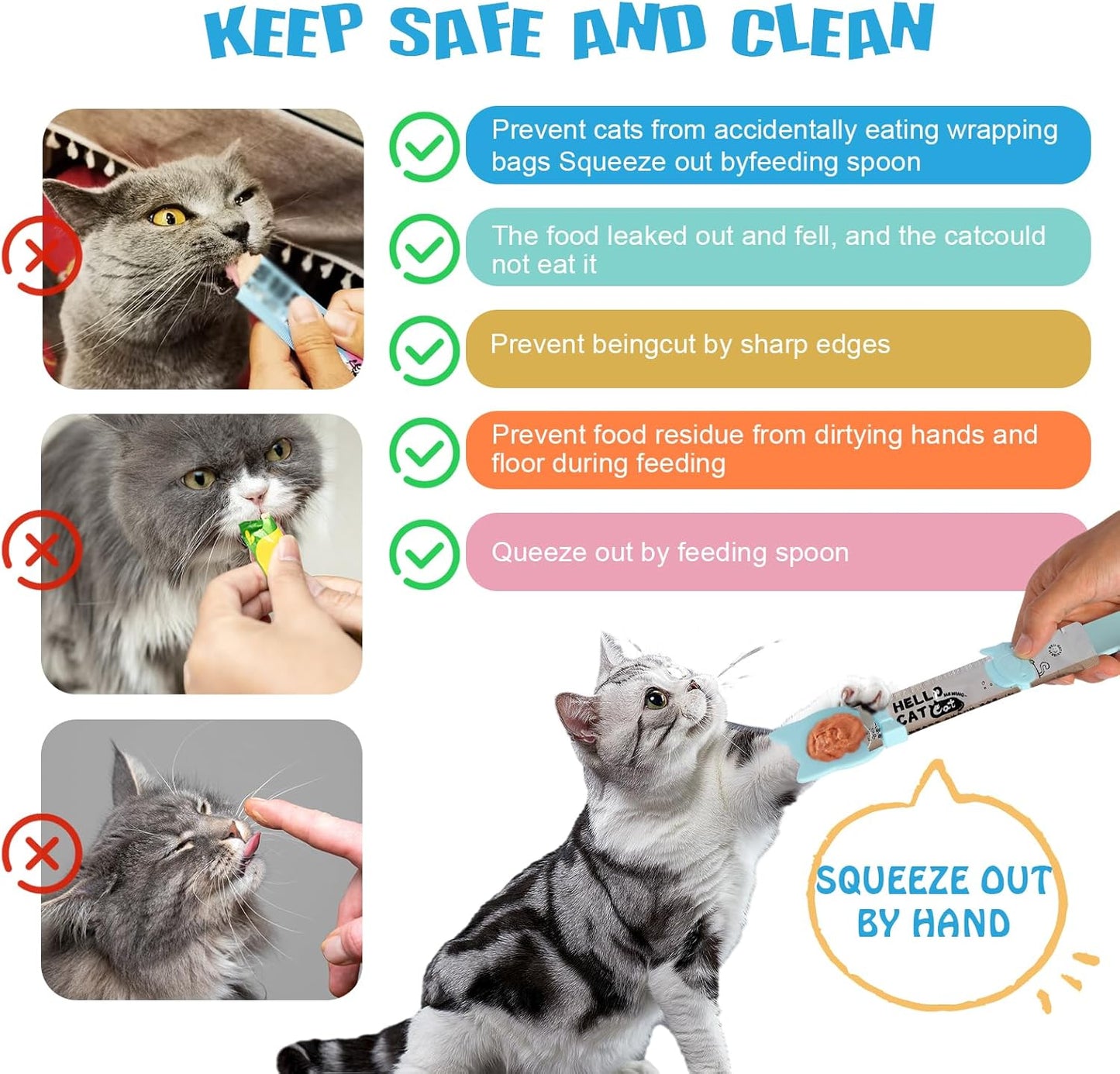 Cat Treat Dispenser Cat Treat Spoon Squeeze 8PCS Lickable Cat Holder with Cat Strip Feeder Spoon and Temptations Licky Treats Happy Cat Tube and Squeeze Up Cat Food Spoons for Wet Food (Cat Tail)