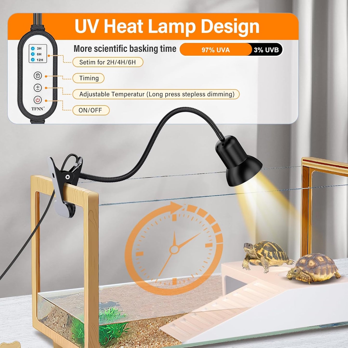 Reptile Heat Lamp, Heat Lamp with Clamp, UVA UVB Reptile Light with Intelligent Cycle Timer for Turtle, Bearded Dragon, Lizard and More, 2 Bulbs 50W+75W