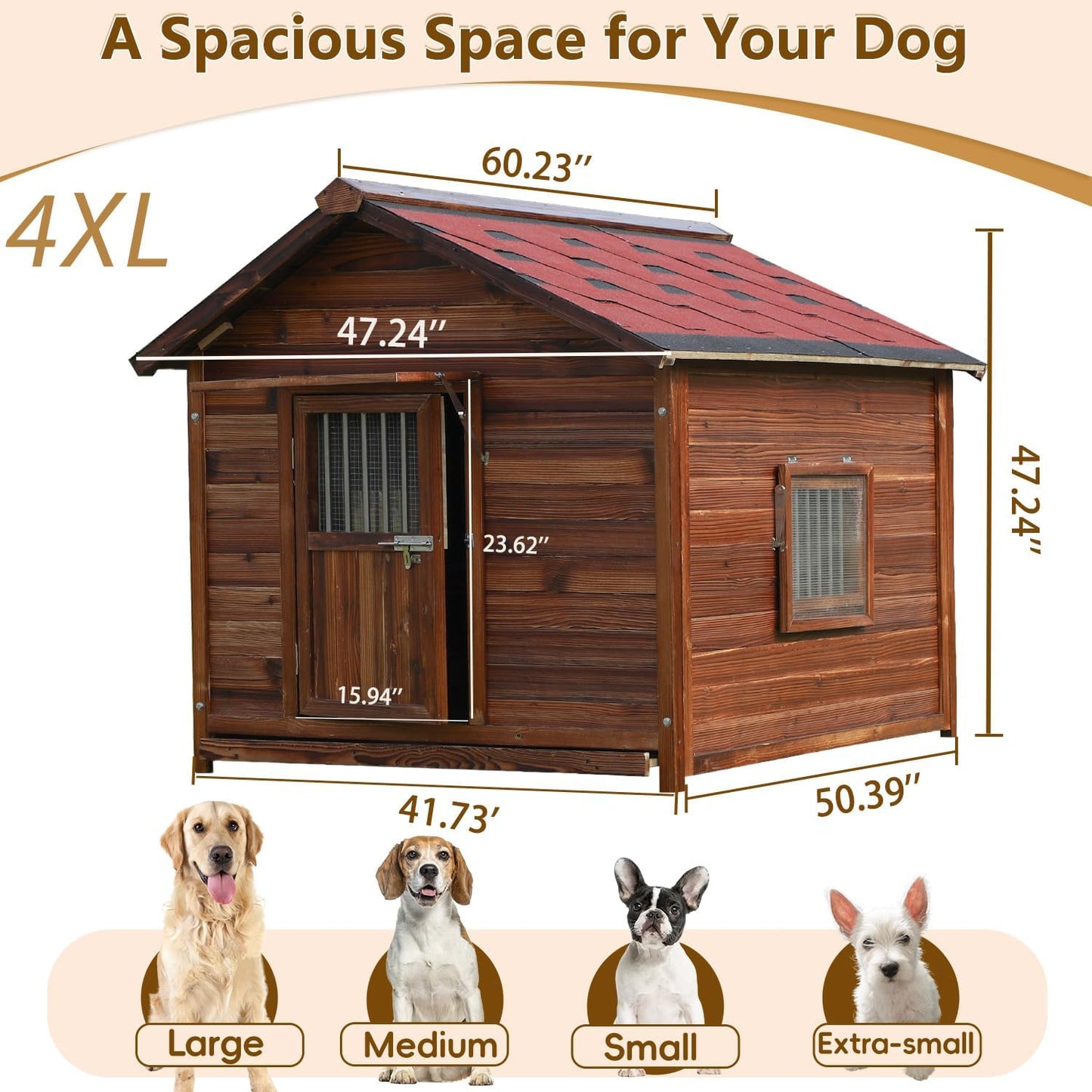 Dog House Outdoor, Solid Pine Wood Dog House with Waterproof Roof, Warm Spacious Pet House, Heavy Duty Animal Shelter for Large Breed Weatherproof, 4XL