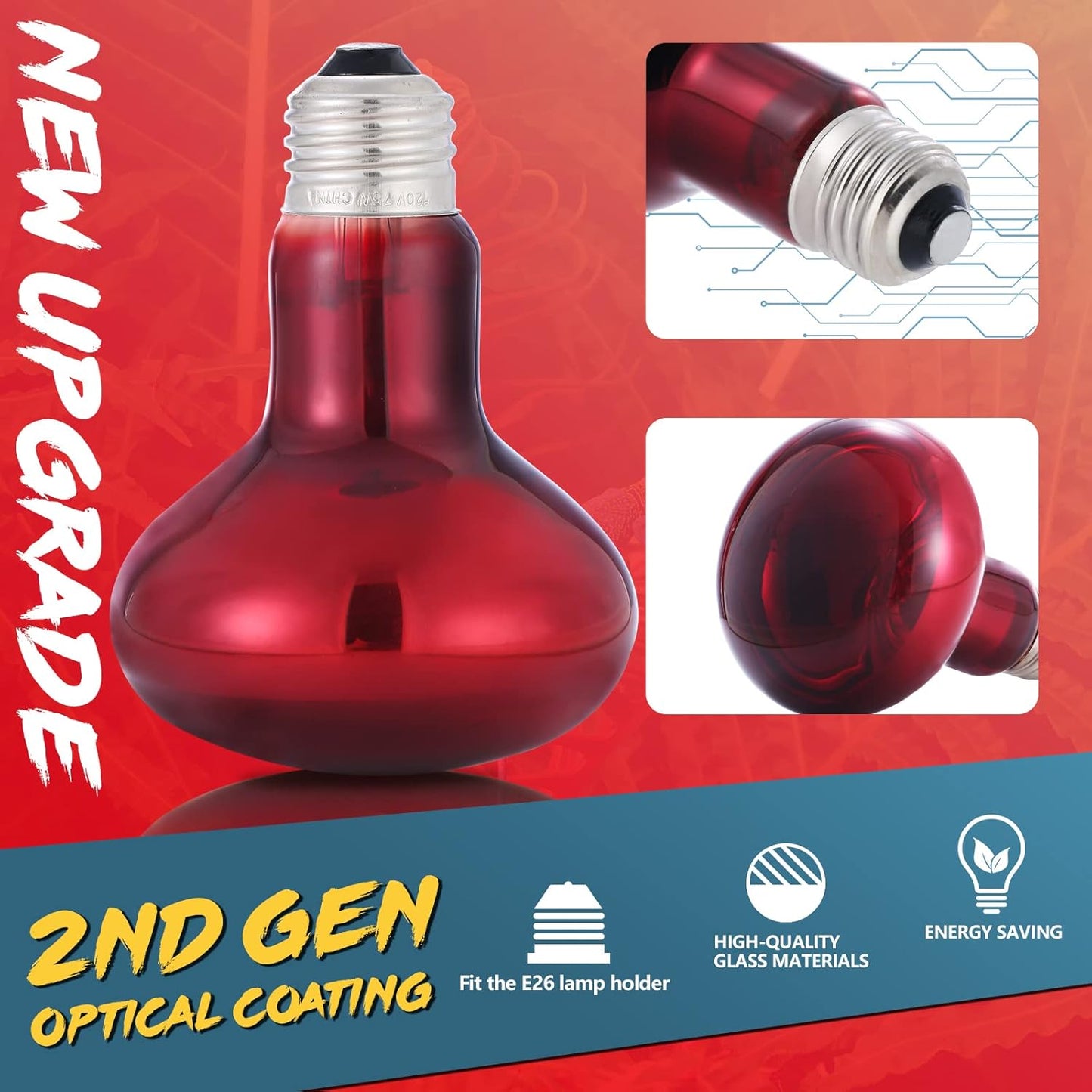 LUCKY HERP 100W Reptile Heat Lamp Bulb 2 Pack, Amphibian Infrared Basking Spot Light Bulb, Red Heat Lamp Bulbs for Reptiles, for Turtle, Bearded Dragon, Lizard, etc