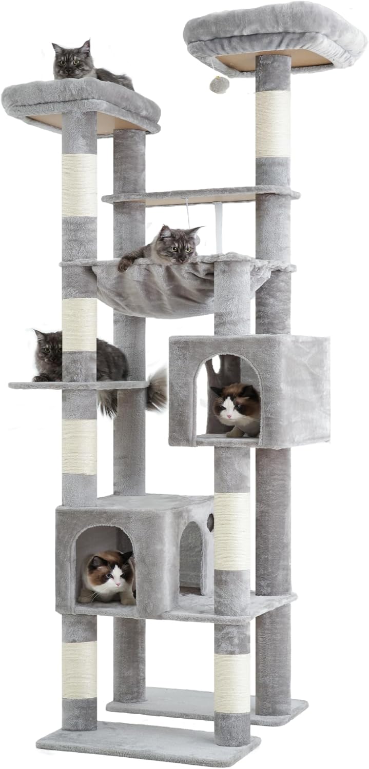 Hey-brother Tall Cat Tree Tower, Heavy Duty Scratching Posts with Large Platforms, Cozy Condos, Big Hammock, Toy Balls, Multi-Level Furniture for Indoor Adult Cats, 80.7 Inches, Light Gray MPJ039W