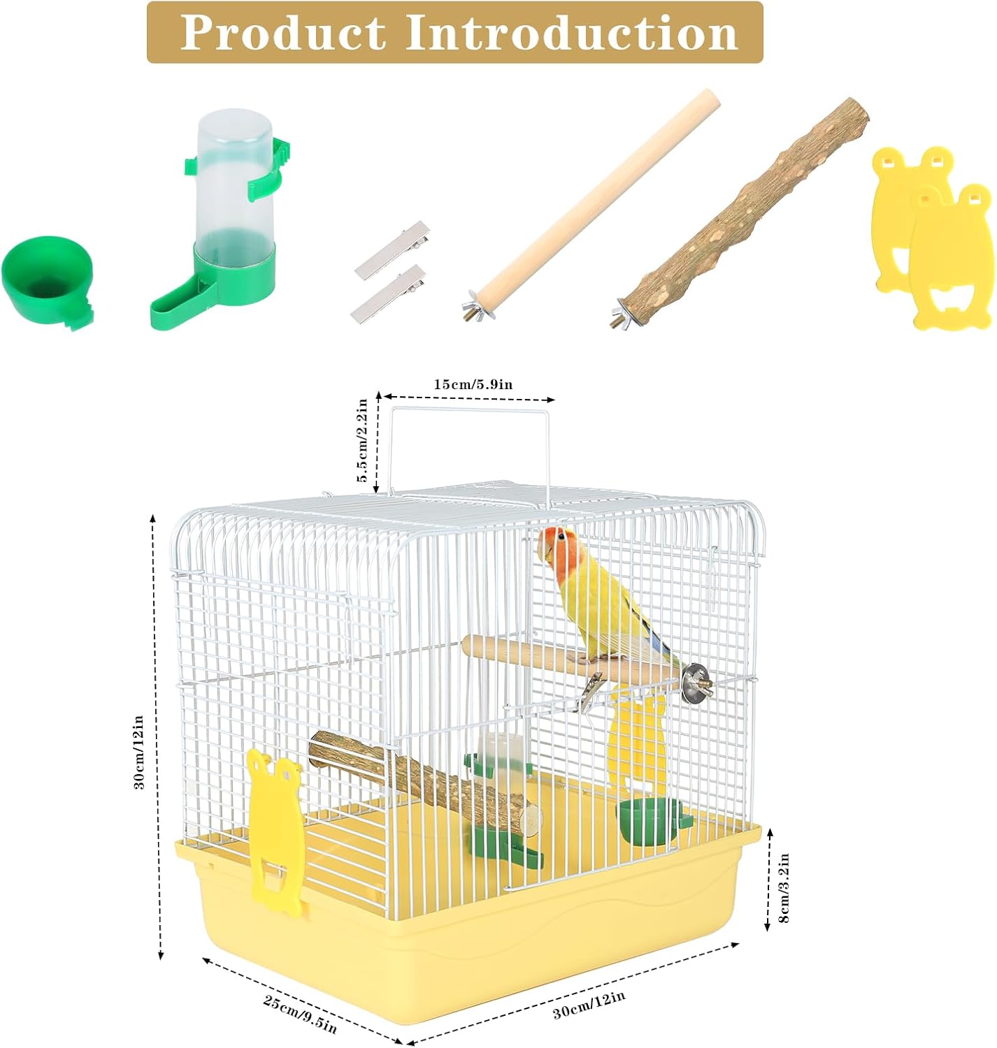 Small Bird Cage, Lightweight for Parakeets, Hanging for Parrot, Travel for Cockatiel, Outdoor Budgie, Pet Products Flat Top Economy Small Animal Cage with Stand Accessories with White Wire, Yellow