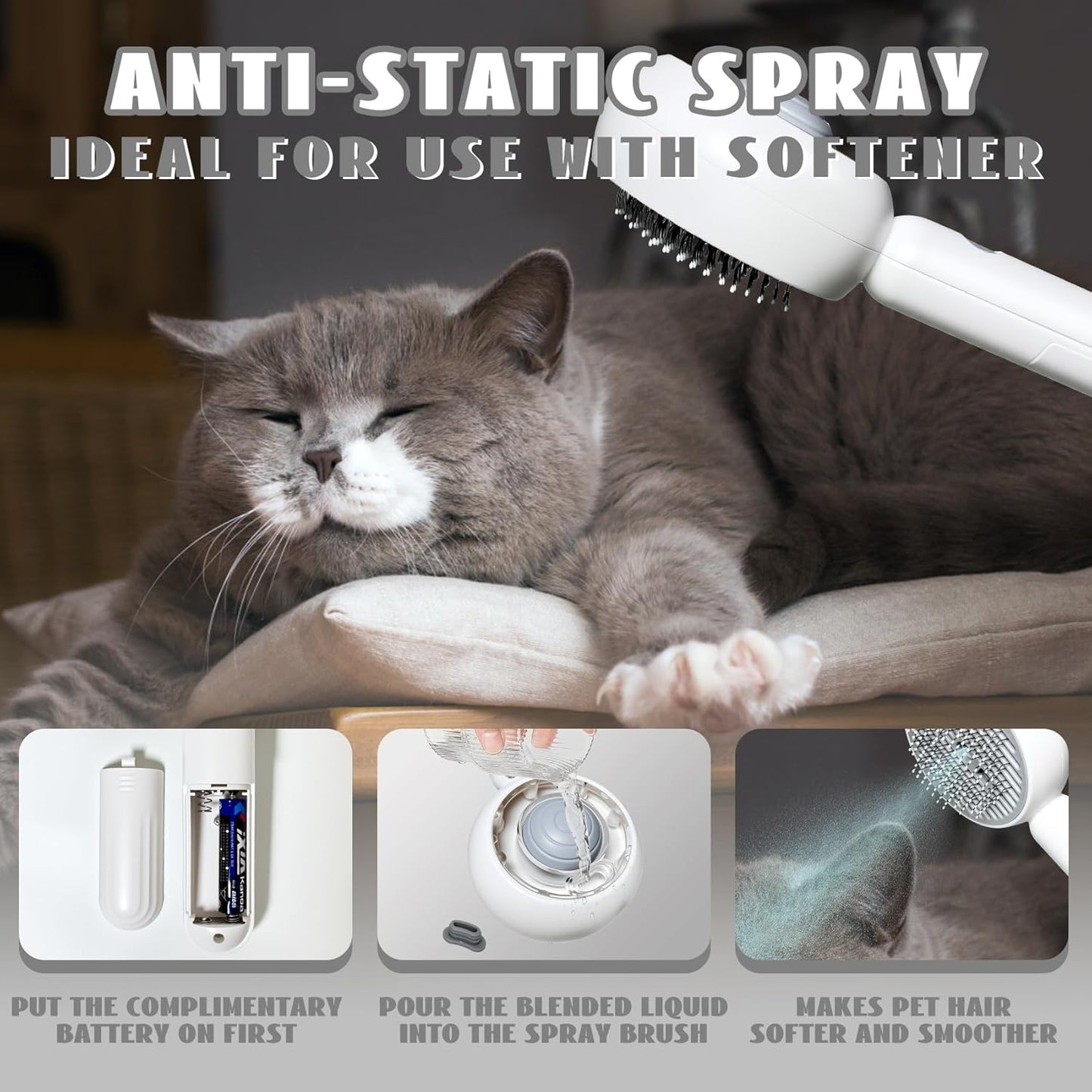 3-in-1 Steam Brush for Cats & Dogs – Hair Removal Comb with One-Click Release & Water Spray – Grooming Brush for Shedding, Long/Short Hair (white brushs-grey)