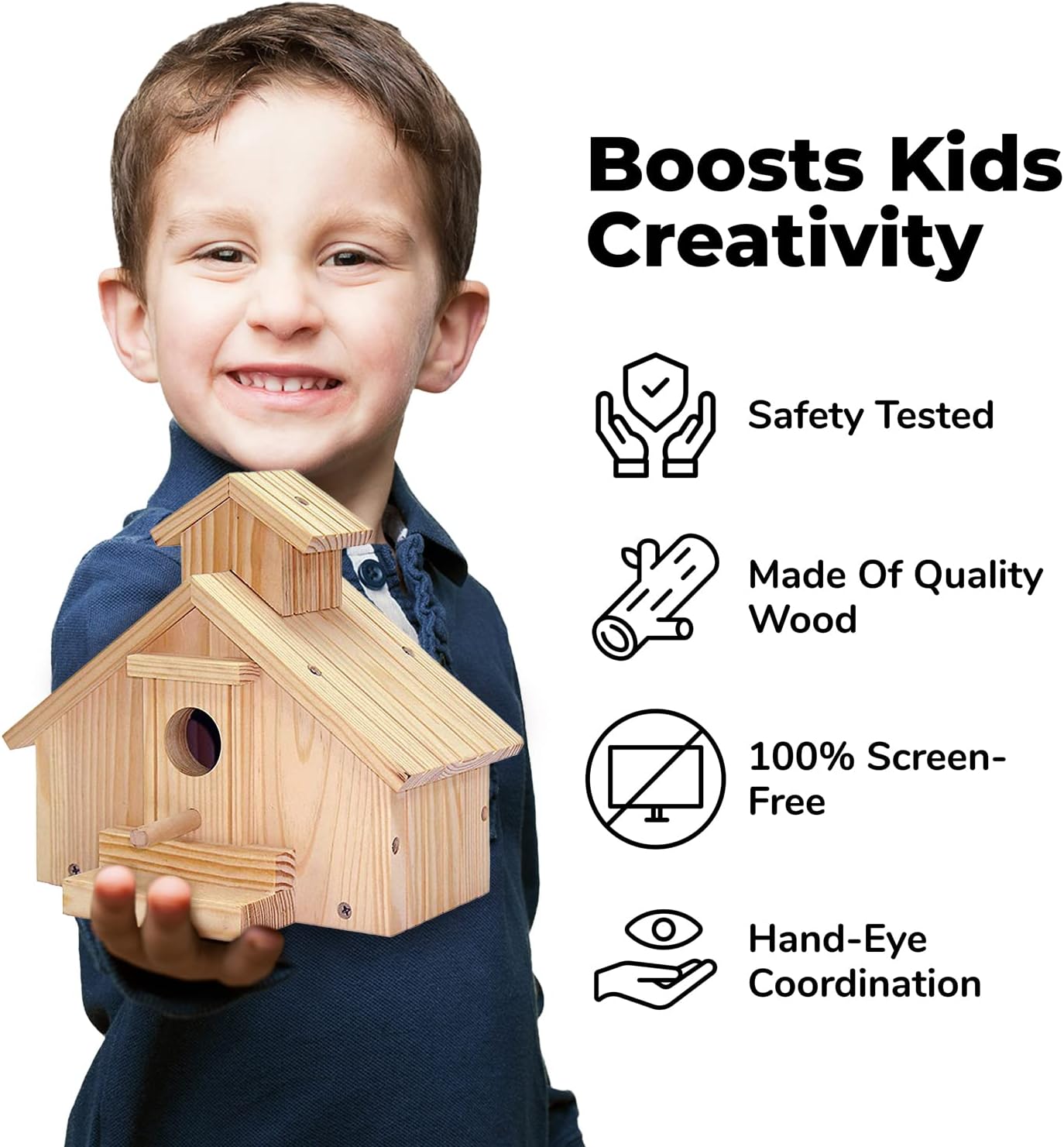Kraftic Woodworking Building Kit for Kids and Adults, 2 Educational DIY Carpentry Construction Wood Model Kit Toy Projects for Boys and Girls - Build a Wooden Town Hall Birdhouse and Train