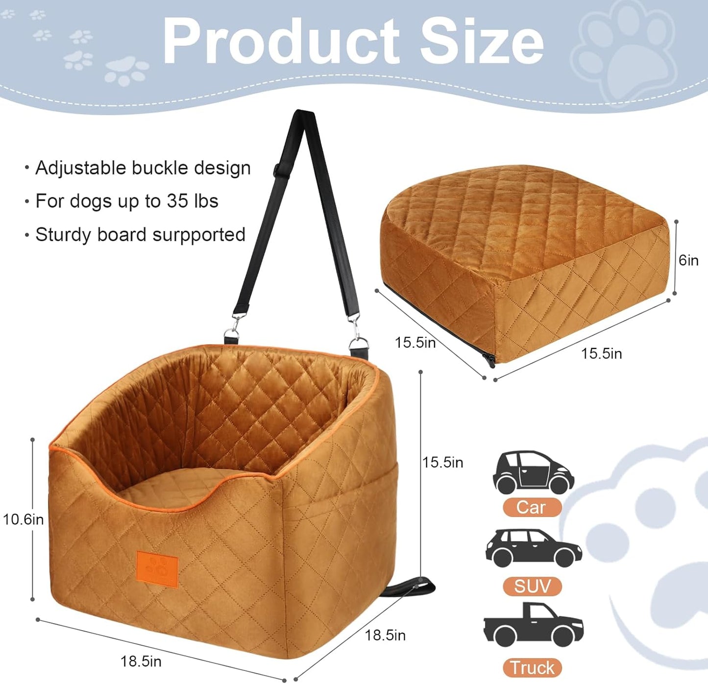 Dog Car Seat for Small Dogs, Memory Foam Booster Dog Seat for Dogs up to 35 lbs, Elevated Pet Car Seat with Washable Removable Cover, Storage Pockets
