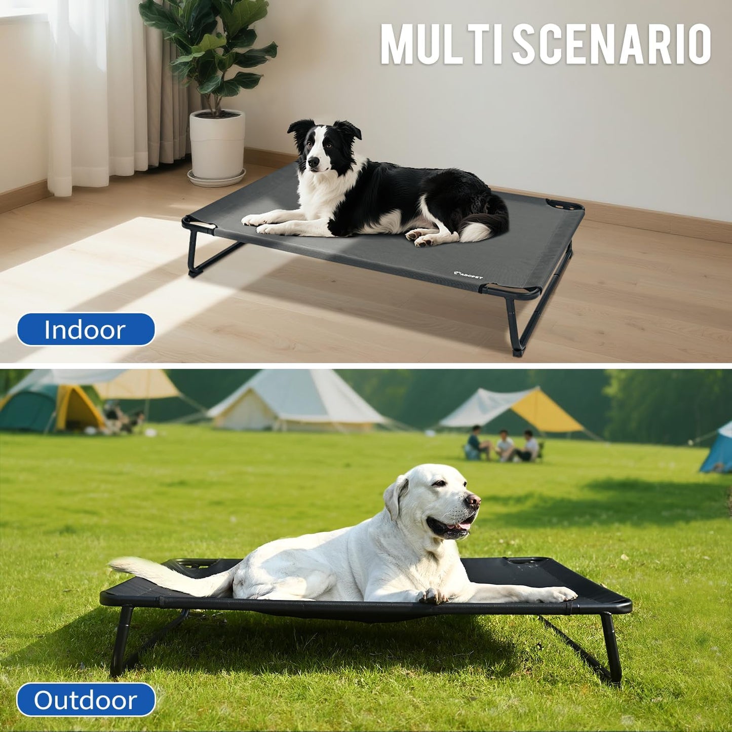 Elevated Dog Beds, Extra Large Raised Dog Cots Outdoor Cooling Dog Bed Waterproof Stable and Easy Assembly, Teslin Fabric with 1.2mm Thick Iron Frame, Breathable, Ultra-Sturdy，Black, 54*37*8.7