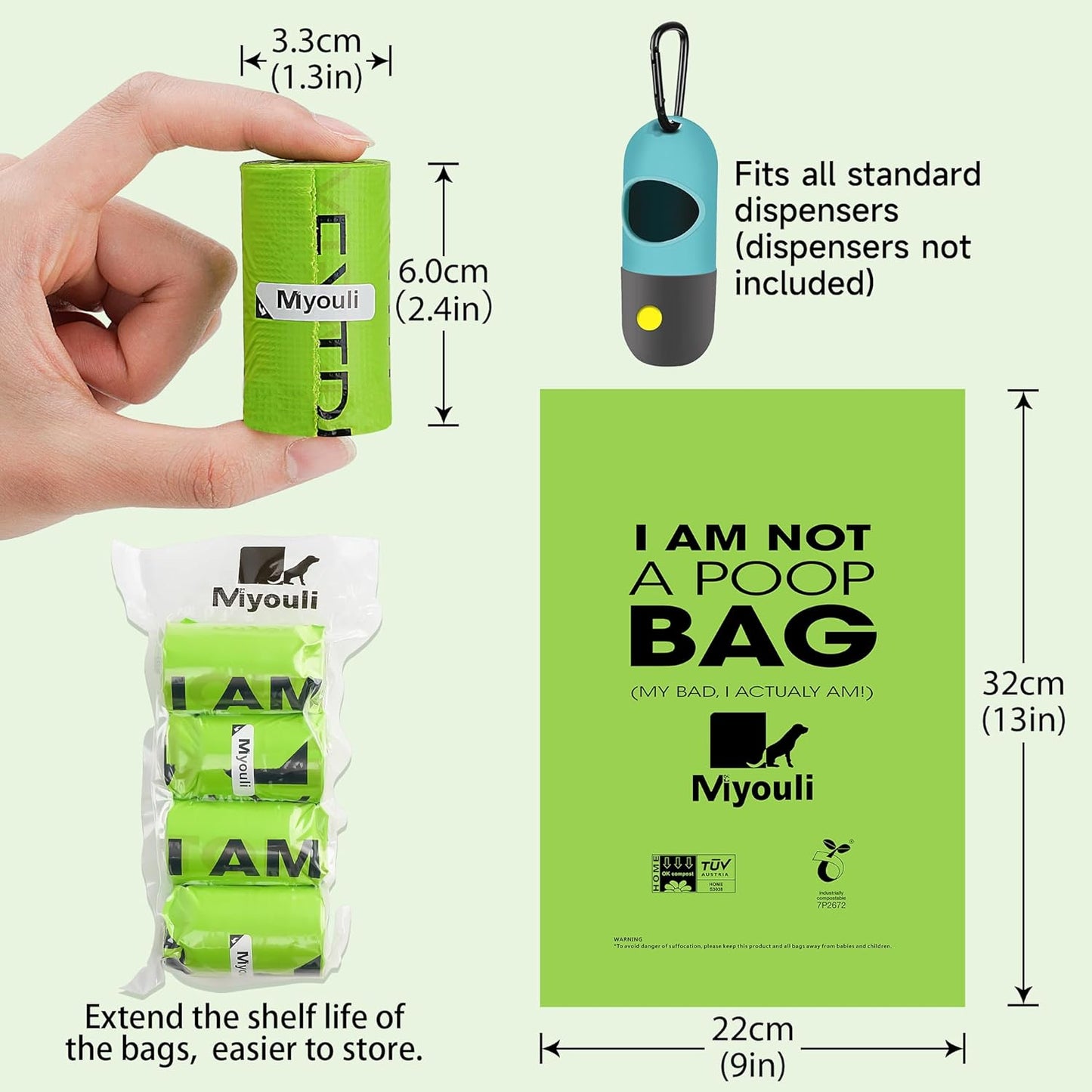 100% Certified Compostable Dog Poop Bag Rolls, 120 Bags (8 Rolls) Eco-Friendly Poop Bags for Dogs, Leak Proof Unscented Easy Open Poop Waste Bag（Green）