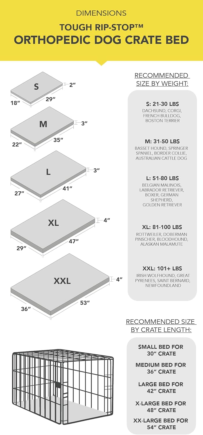 K9 Ballistics Tough Ripstop Orthopedic Dog Crate Bed - Durable Pad with Washable Cover, for Wire Crates, Tie-Downs Included, Size: Medium 35"x22", Sandstone