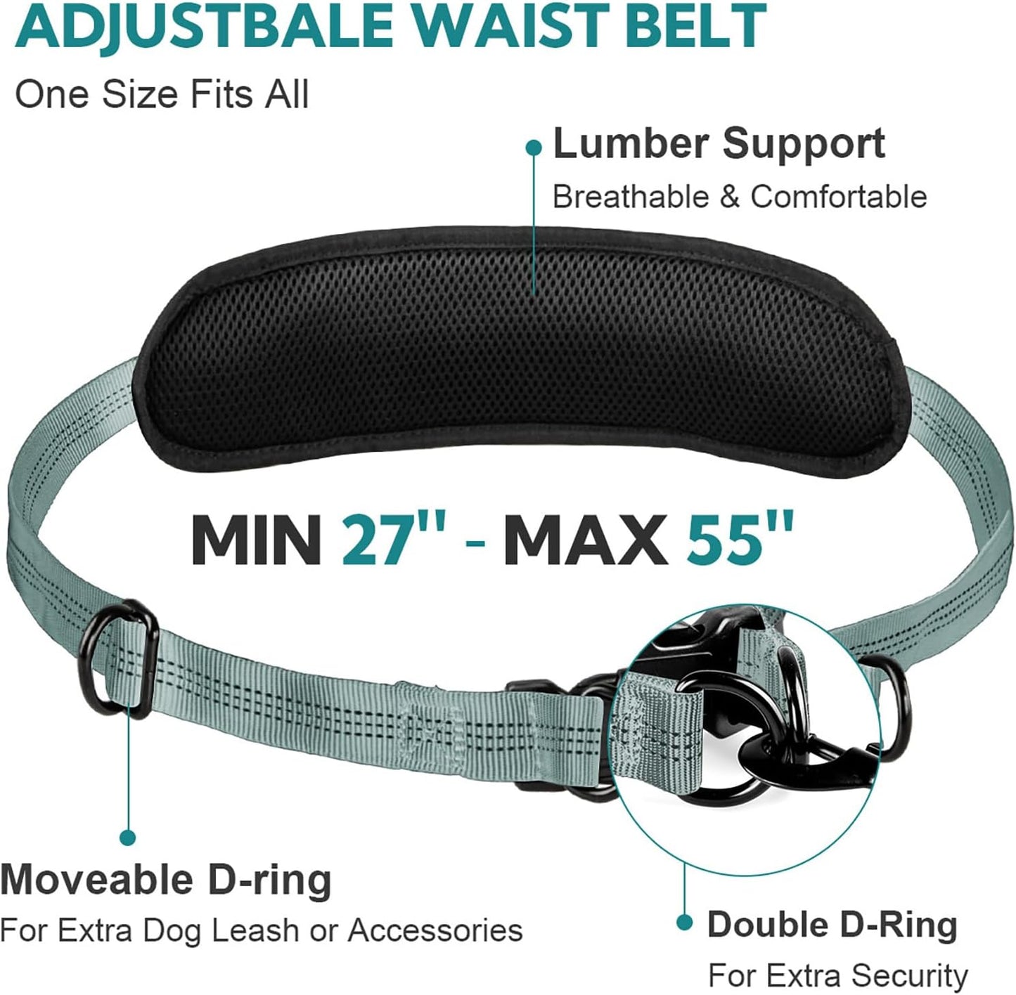 Hands Free Dog Leash with Pouch, Adjustable Waist Belt with Double Padded Handles, Waist Leash for Dog Walking, Dog Leash with Bungee for Medium & Large Dog, Dog Walking Accessories, Olive