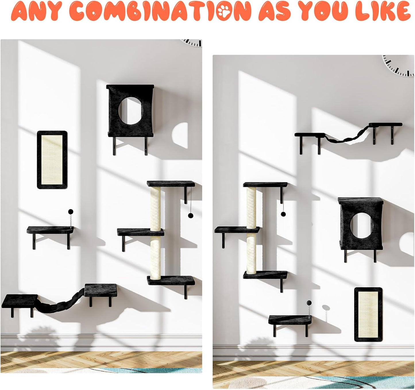 NUNU LAB Cat Wall Shelves Set, 5 Pcs Wall-Mounted Cat Climber with Cat House, Bridge, Scratching Post, Hammock, Wall Shelves, Black