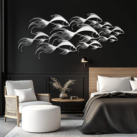School of Fish Metal Wall Art, Metal Fish Wall Decor, Sea Life Wall Art, Large Nautical Wall Hanging, Modern Beach House Wall Decor, Ocean Themed Artwork for Bathroom (Silver, 35"x15" | 90x38cm)
