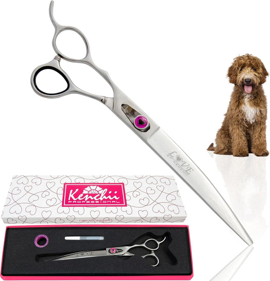 Kenchii Love Left Handed Dog Grooming Scissors, 8 Inch Curved Shears, Dog Scissors for Grooming, Professional Pet Grooming Scissors, Ergonomic & Comfortable