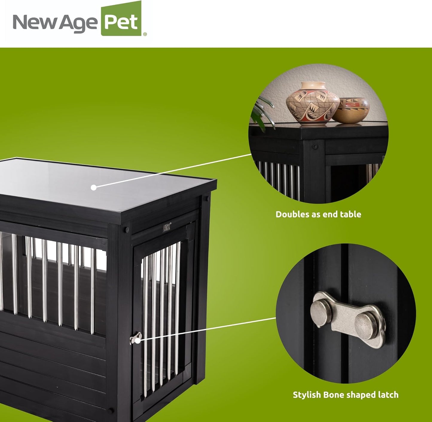 New Age Pet ECOFLEX Dog Crate End Table - Furniture-Style Pet Crate for Crate Trained Dogs - Stainless Steel Tubing & a Latched Closure - 10 Year Manufacturer's Warranty, Medium, Black