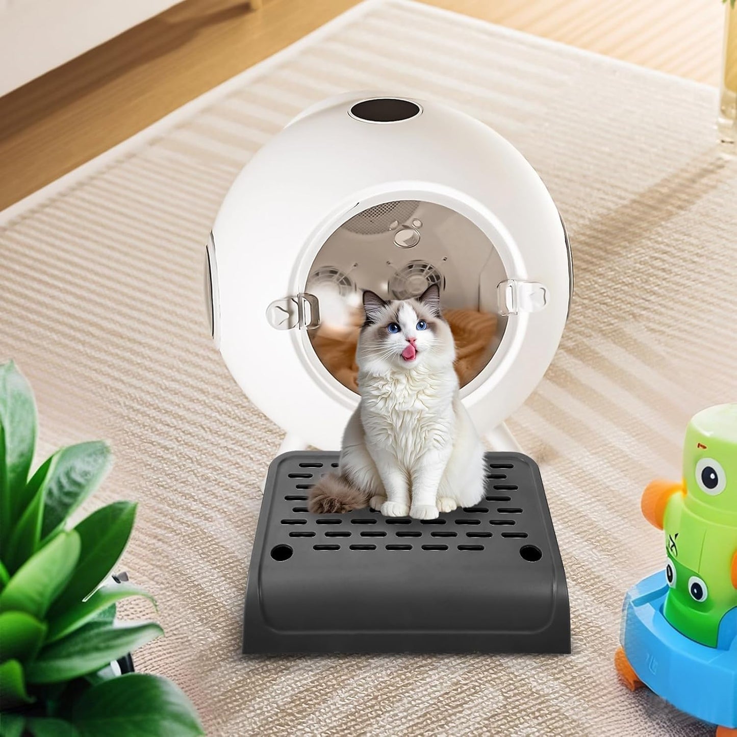 Cat Ramp for Litter Box Step, Stainless Steel Automatic Litter Box Ramp Cat Steps Mat with Filter Function, Double Layered Self Cleaning Cat Stairs with Storage Space for Litter Catcher (Black)