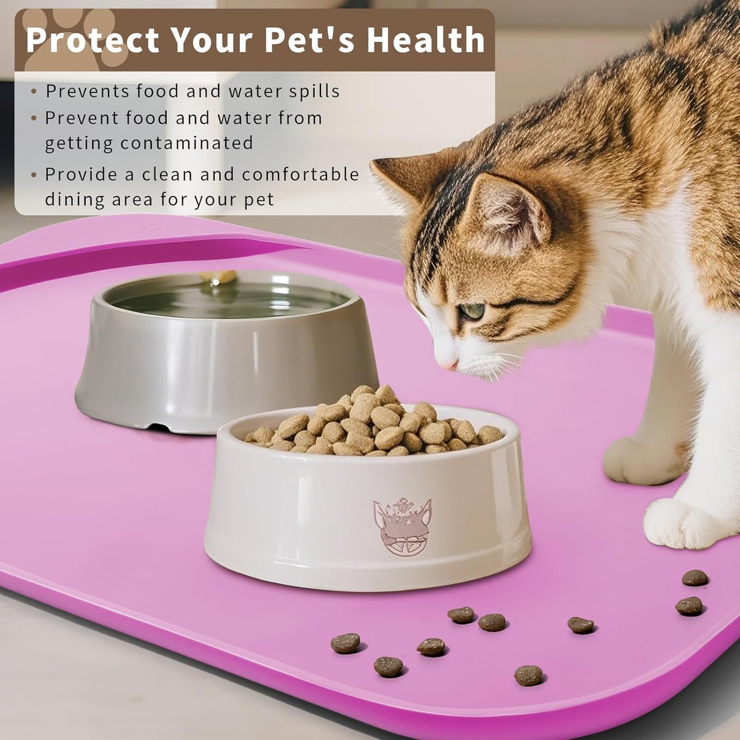 Silicone Pet Feeding Mat with Raised Edge & Residue Collection Pocket for Food and Water, Dog Bowl Mats, Cat Bowls Placemat with High Lip for Floor Waterproof, 24 x 16 x 0.8 Pink