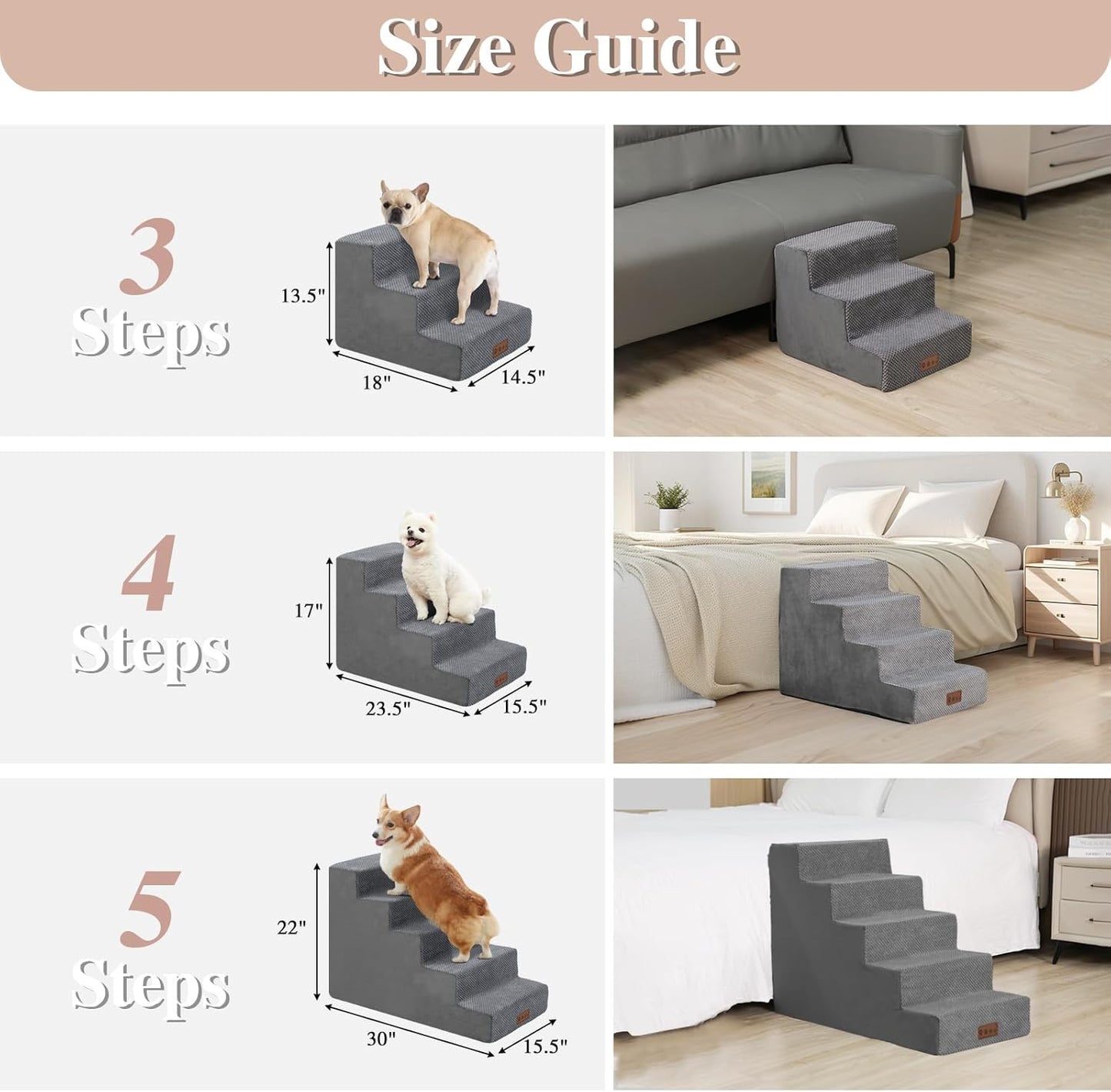 GGIB Dog Stairs for Small Dogs Cats Non-Slip Dog Steps for High Bed Pet Stairs for Sofa Couch Pet Ramp Pet Steps with Removable Washable Cover, Grey, 22" H, 5-Step