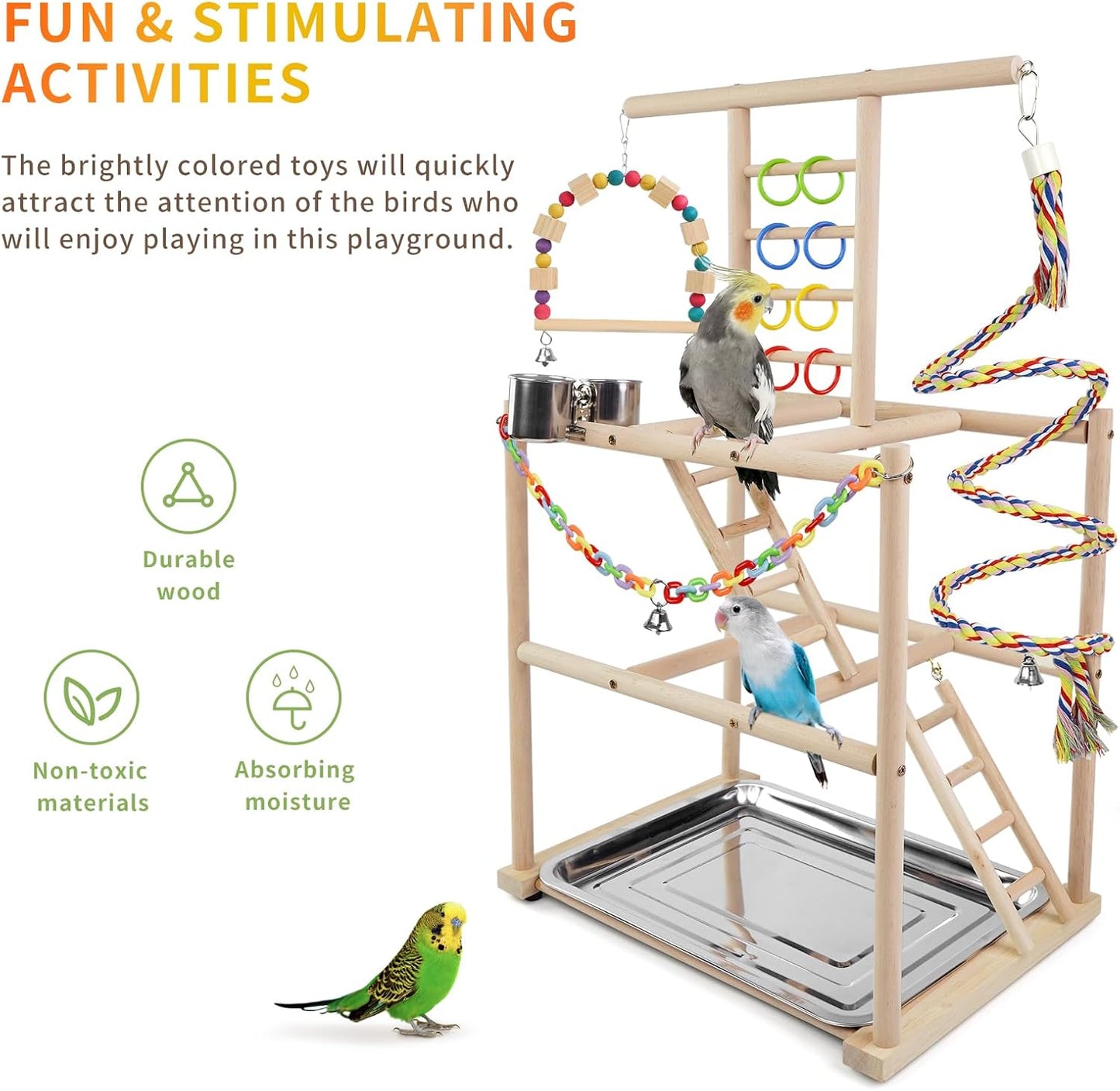 Bird Playground, Parrots Playstand for Small to Medium Birds, Perch Stand with 3 Ladders Playgym with Rope Perch, Swings Feeder Cups Bird Cage Accessories for Conure Cockatiel Lovebirds