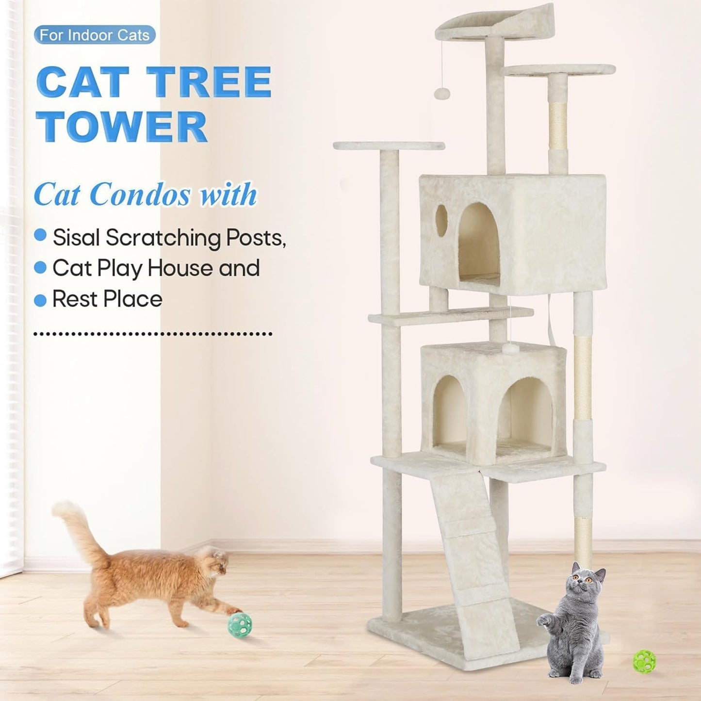 FDW Cat Tree Tower 81in Multi-Level Durable Cat Scratching Post & Cozy Fun Jumping Platform Space Saving Condo Pet Play House for Indoor Cats,Beige