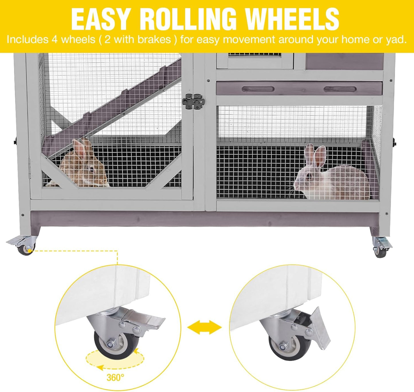 Aivituvin Rabbit Cage Indoor Outdoor Bunny Hutch on Wheels, 2 Story Wood Guinea Pig Cages with 2 Deeper Pull Out Trays (Gray)
