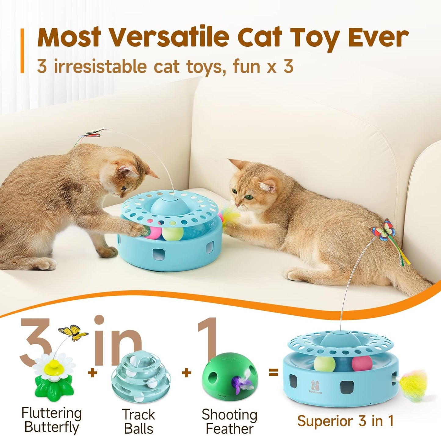 Potaroma Cat Toys 3-in-1 Automatic Interactive Kitten Toy, Fluttering Butterfly, Random Moving Ambush Feather, Track Balls, Dual Power Supplies, USB Powered, Indoor Exercise Cat Kicker (Blue)