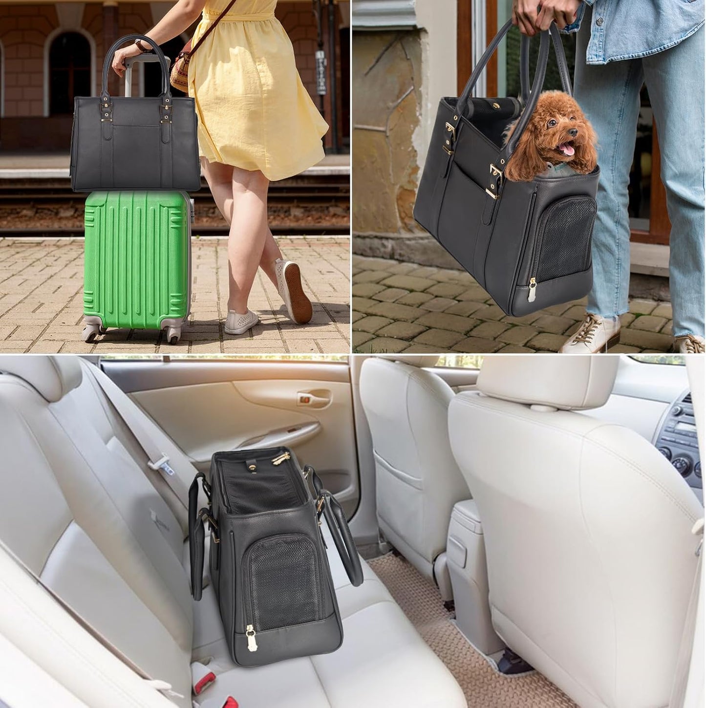 Fashion Pet Carrier Dog Purse Cat Bag Soft-Sided Carriers Travel Airline Approved, Stylish Leather Tote Handbag for Small Animal Puppy Kitten (Black)