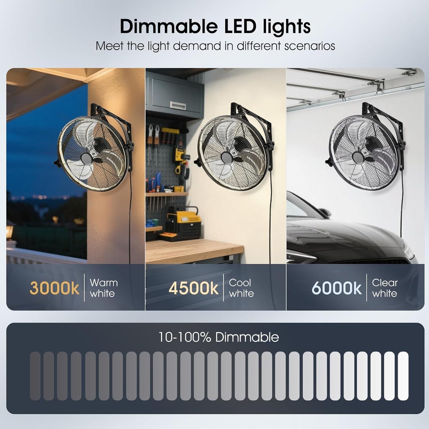 16 inch Wall Mount Fan with Lights and Remote,6-Speed Gazebo Ceiling Fan Adjustable Tilt Dimmable Wall Fan,High Velocity Industrial Outdoor Fans for Patio,Garage,Commercial,Black