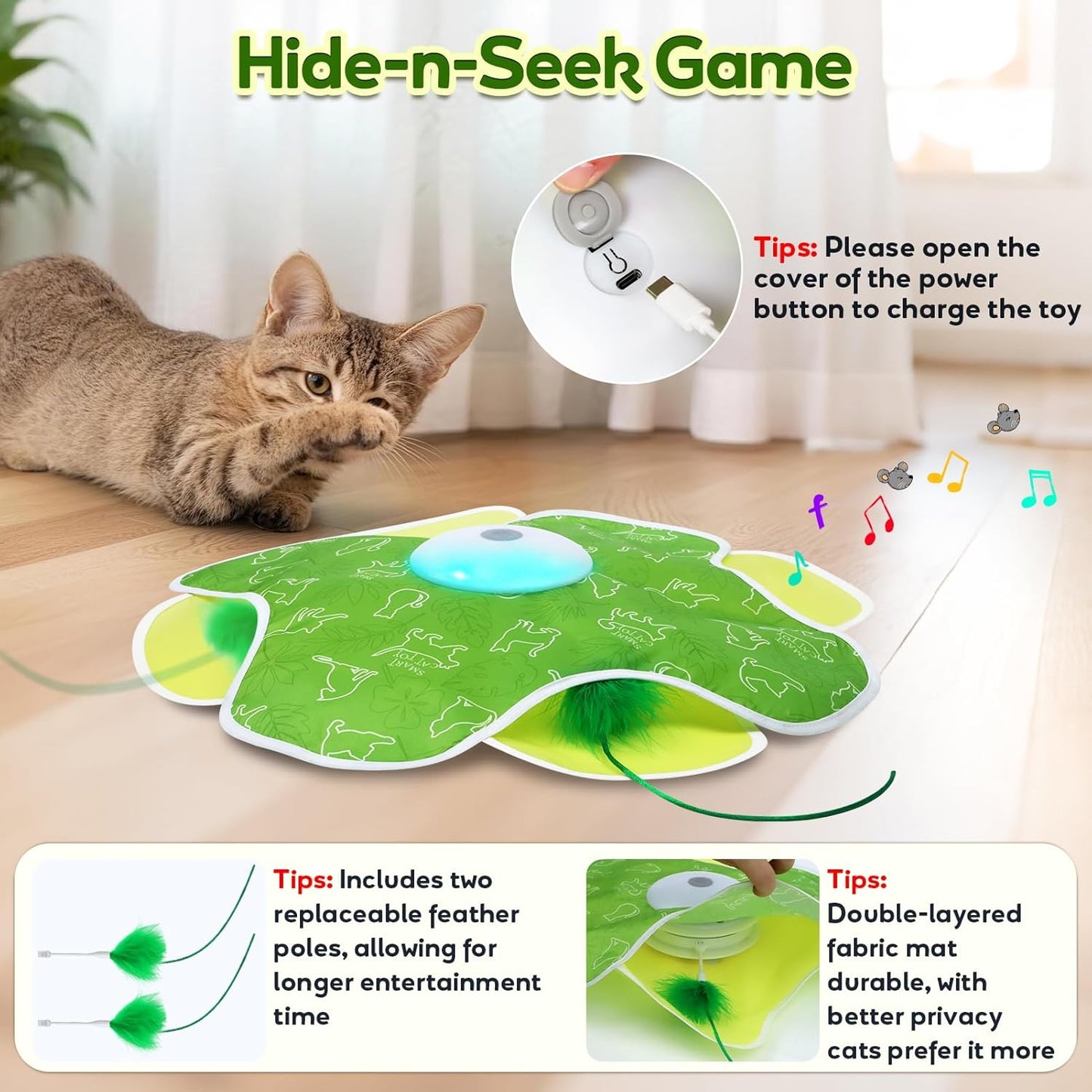 Interactive Cat Toys, Motion Activated, Moving Feather, Real Mouse Squeaky, Hide and Seek Cat Toys for Indoor Cats
