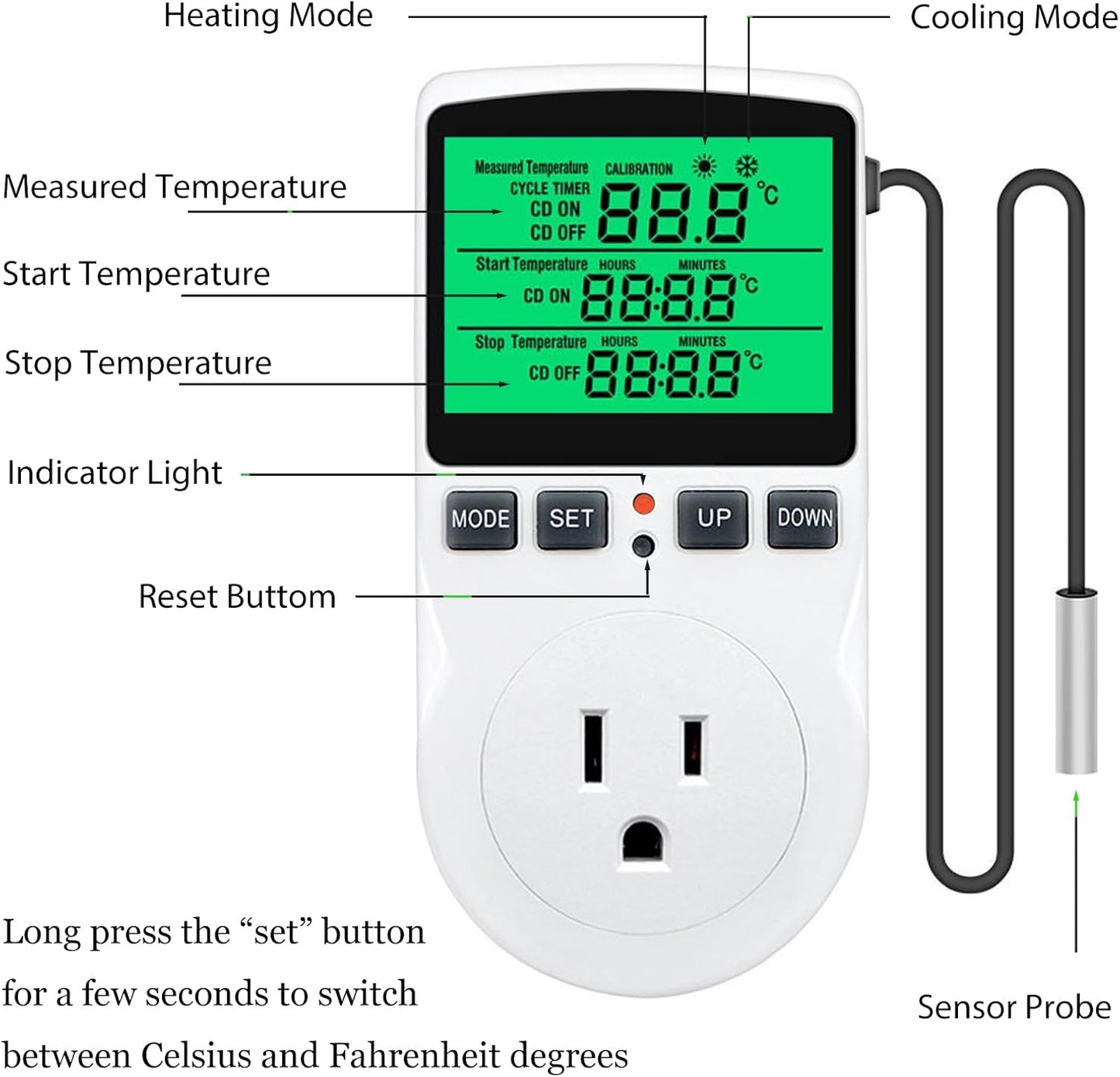 KABASI Digital Temperature Controller, Backlit LCD Screen Thermostat Heating Cooling Outlet Plug with Sensor Timer for Reptile Incubator Greenhouse Brewing Refrigerator 110V, 15A, ℉/℃