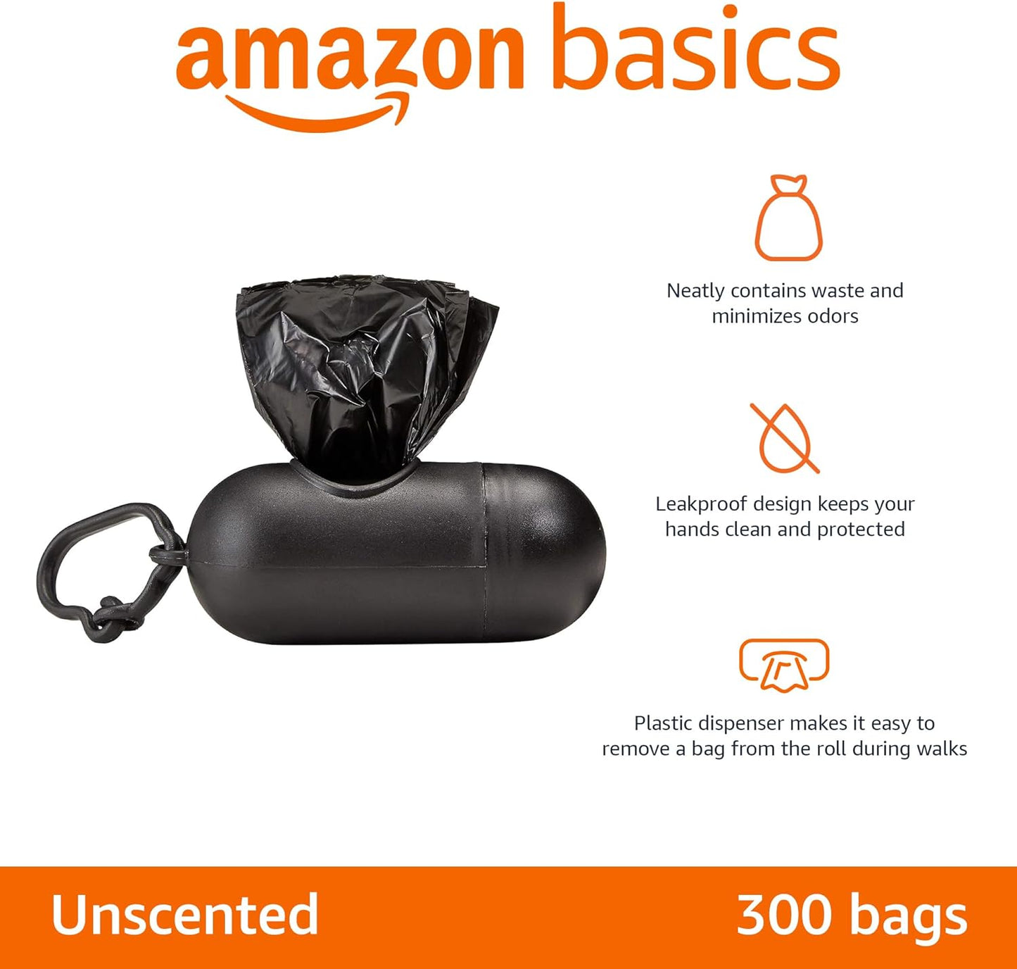Amazon Basics Dog Poop Leak Proof Bags with Dispenser and Leash Clip, Unscented, 300 Count, 20 Pack of 15, Black, 13 x 9 Inch