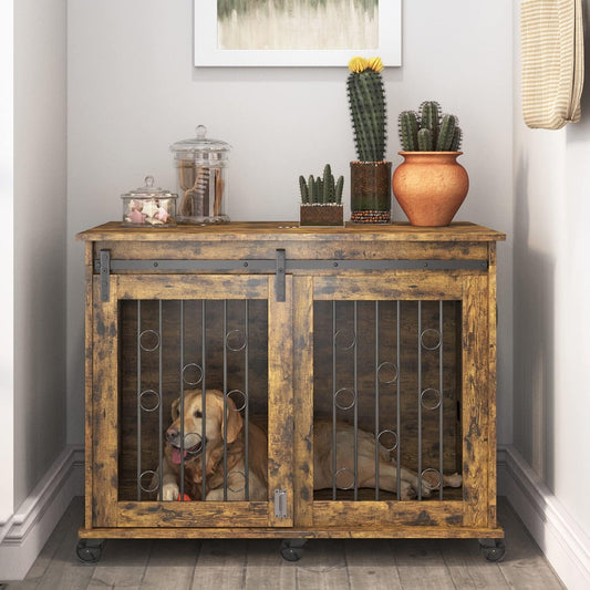 IchbinGo Large Dog Crate Furniture with Sliding Barn Door, 43.7" Wooden Dog Kennel End Table with Wheels and Flip-top Plate Dog House with Detachable Divider for Small/Medium/Large Dog (Rustic Brown)