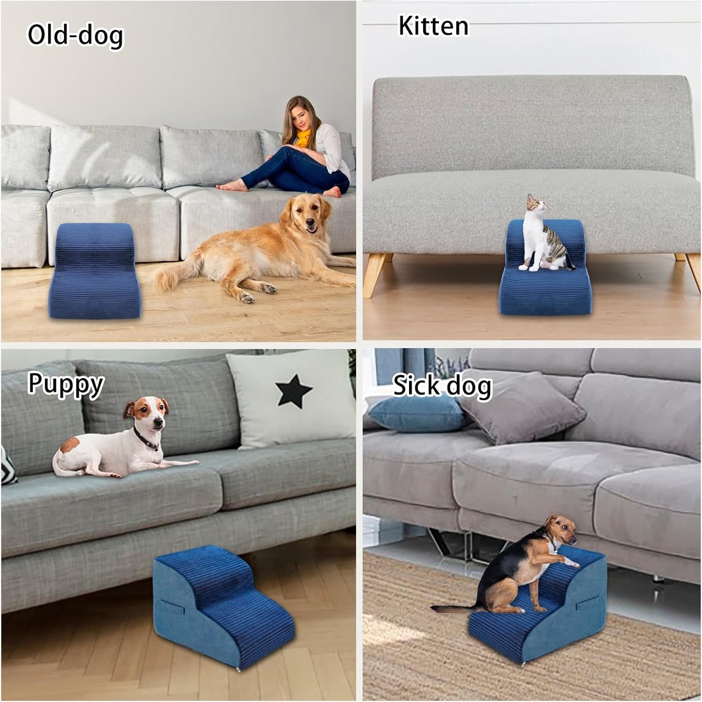 High Density Foam Dog Stairs Steps, 13.7’’ Non-Slip Extra Wide Deep Pet Steps for Beds Or Couches, for Injured or Older Pets Dogs and Cats with Joint Pain, 2-Tiers (Navy Blue)