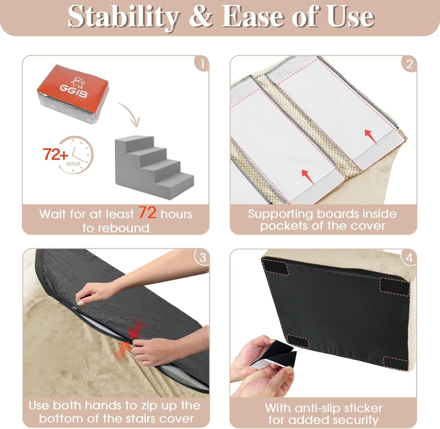 GGIB Dog Stairs for Small Dogs Pet Stairs for Sofa Couch Dog Ramp Pet Steps with Removable Washable Cover, Beige, 13" H, 3-Step