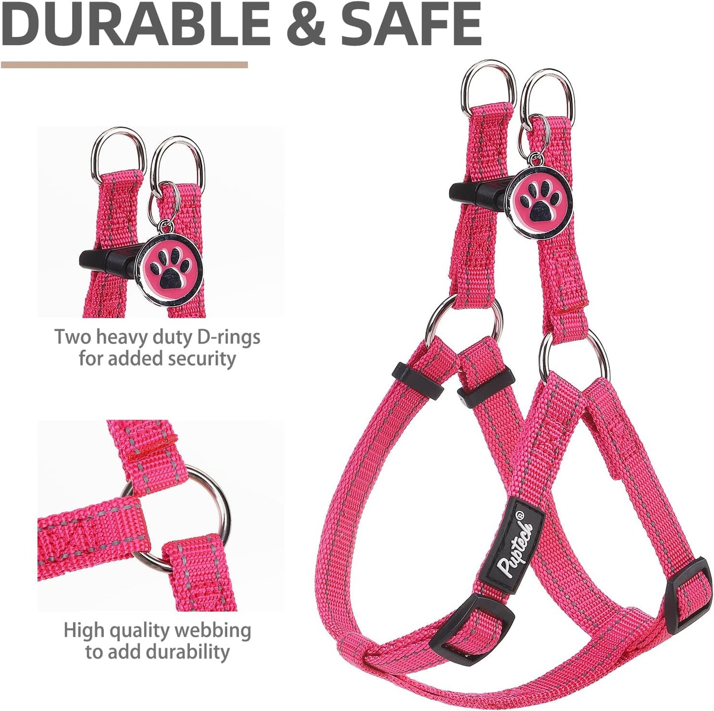 PUPTECK No Pull Dog Harness Soft Adjustable Basic Nylon Step in Puppy Vest Outdoor Walking with ID Tag, Reflecive Pink, S