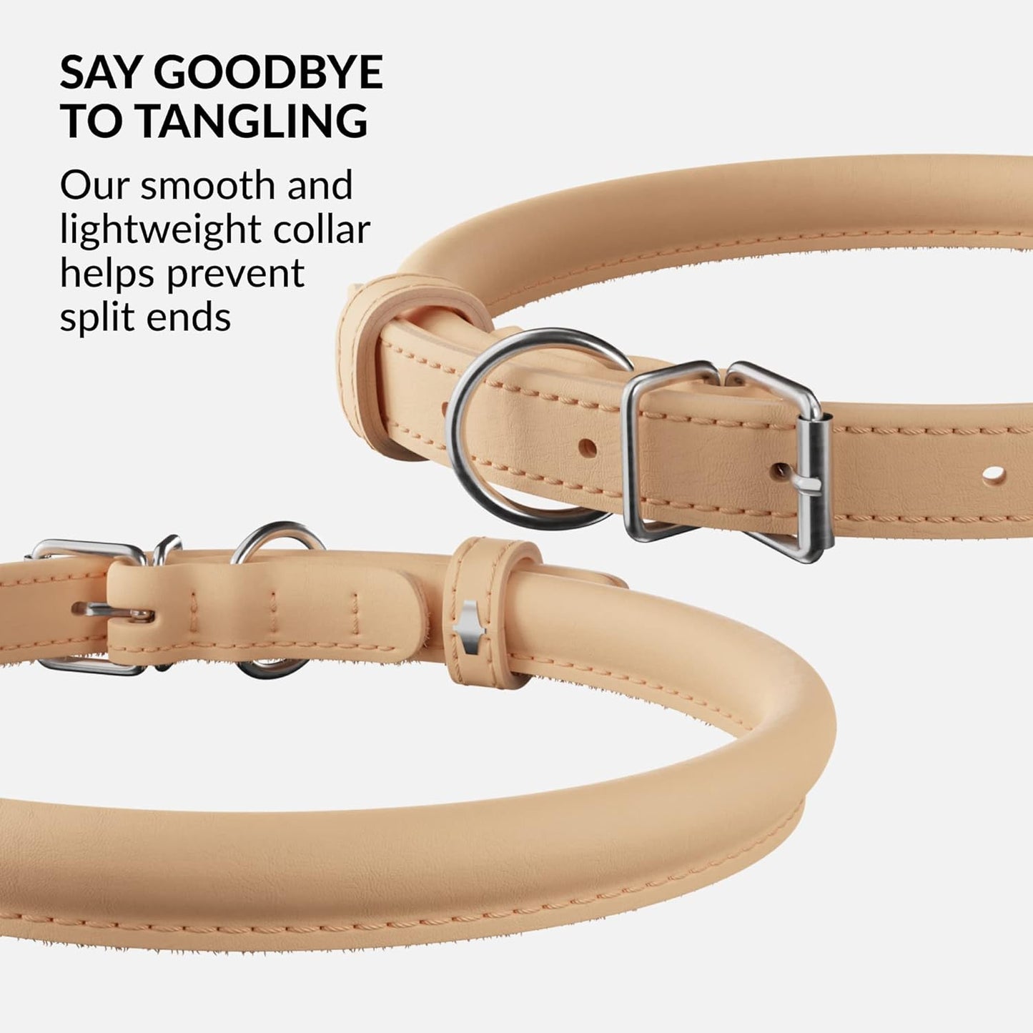 CollarDirect Rolled Leather Dog Collar, Soft Padded Round Puppy Collar, Handmade Genuine Leather Collar Dog Small Large Cat Collars 13 Colors (15-19 Inch, Beige Smooth)