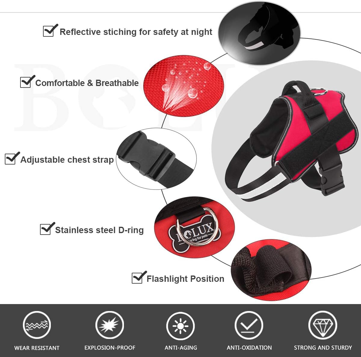 Bolux Dog Harness, No-Pull Reflective Dog Vest, Breathable Adjustable Pet Harness with Handle for Outdoor Walking - No More Pulling, Tugging or Choking (Red, L)