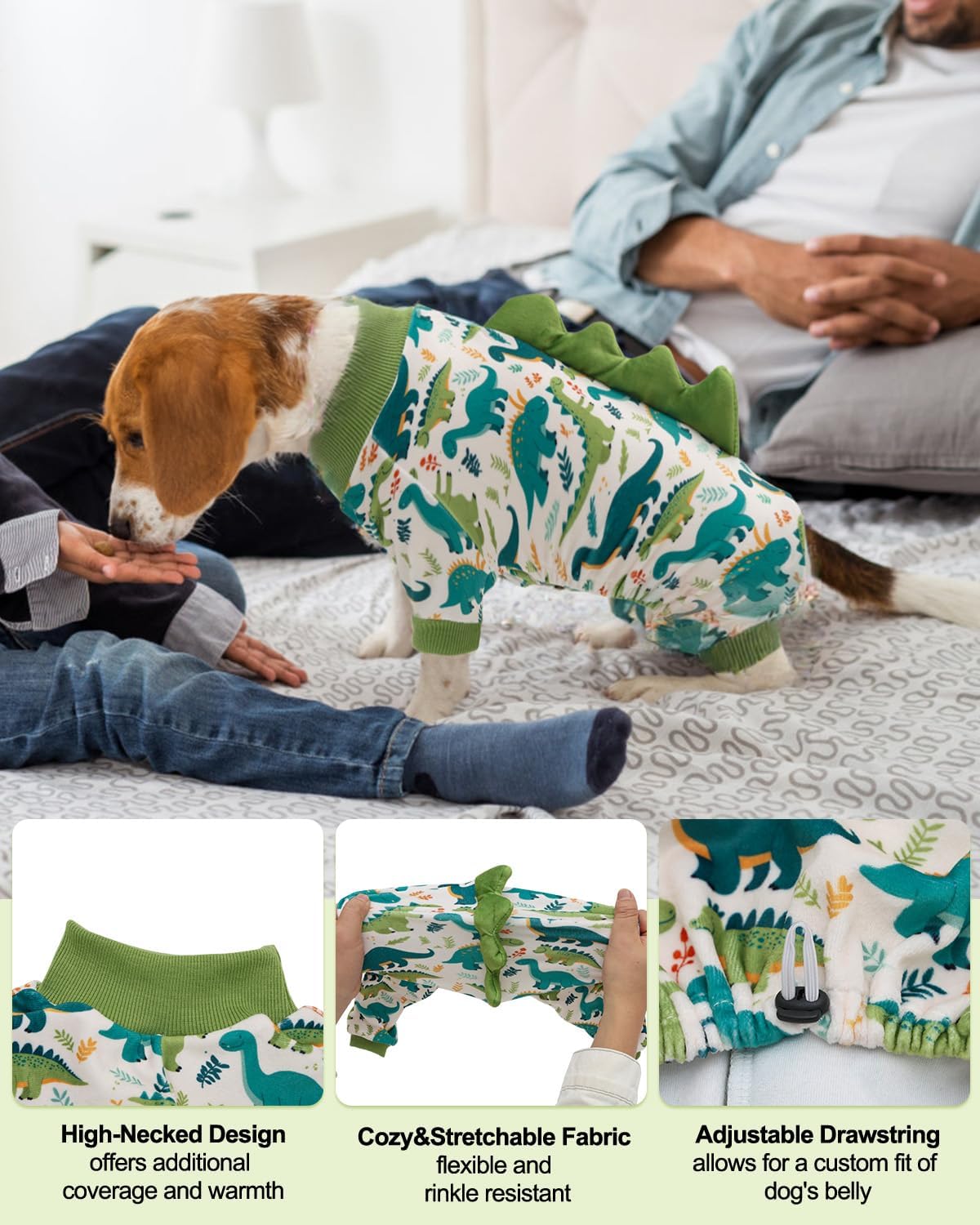 CuteBone Dinosaur Costume Dog Pajamas, Stretchy Spandex Crystal Velvet Sleepwear Coat for Small Dogs, Soft & Warm Pet Outfit Clothes for Cold Weather, Cozy Pullover Design COSP05S