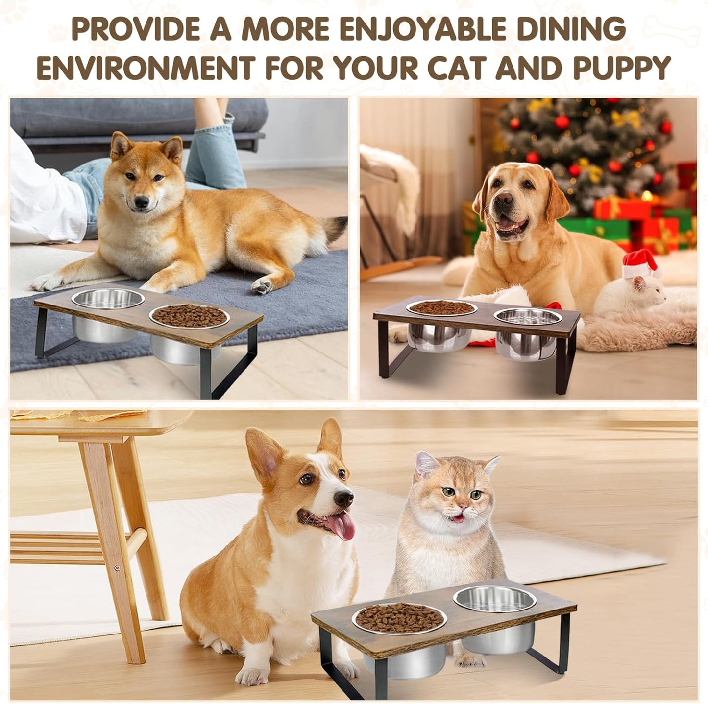 Elevated Dog Bowls for Small Medium Wood Dogs Raised Bowl Stand with 2 Stainless Steel Deep Dog Food and Water Bowls, Anti Vomit, Non-Slip Feeding Dishes(Tilted，3 inches in Height, 40oz