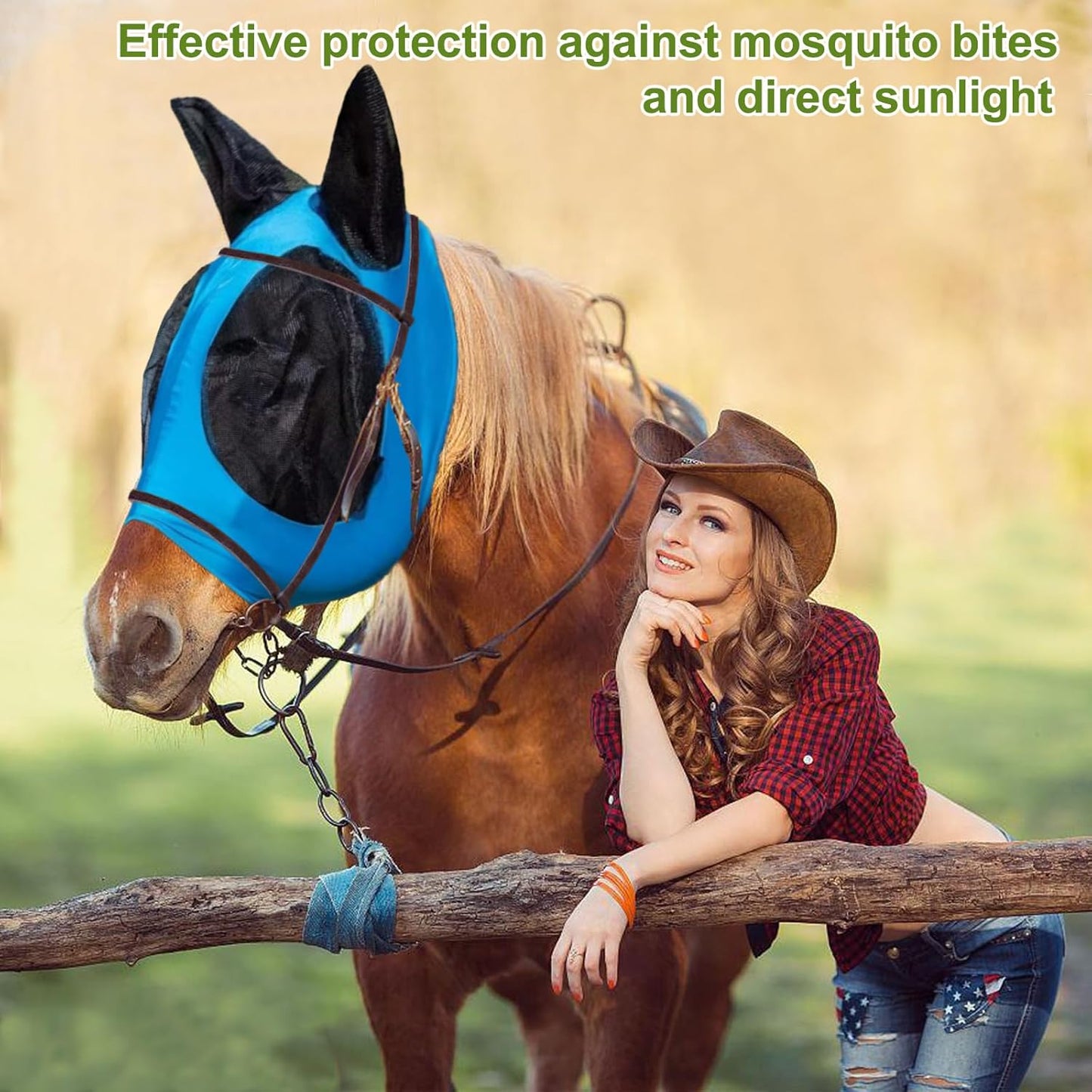 Horse Fly Mask with Ears, Comfortable Fit Stretch Fabric with UV Protection Soft on Skin Breathability for Small/Medium Size Horses (Blue)